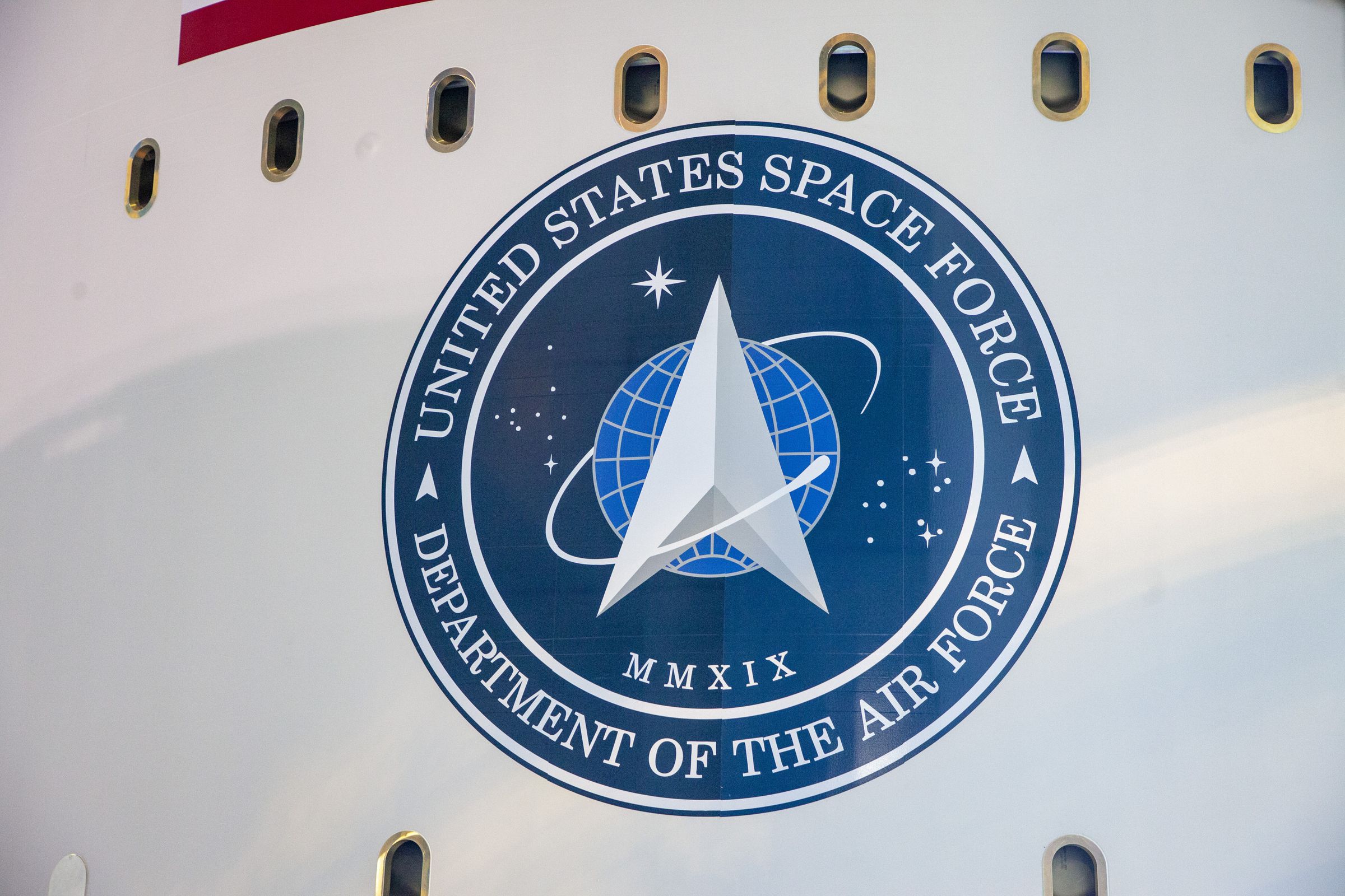 The new US Space Force logo on the side of ULA’s Atlas V rocket