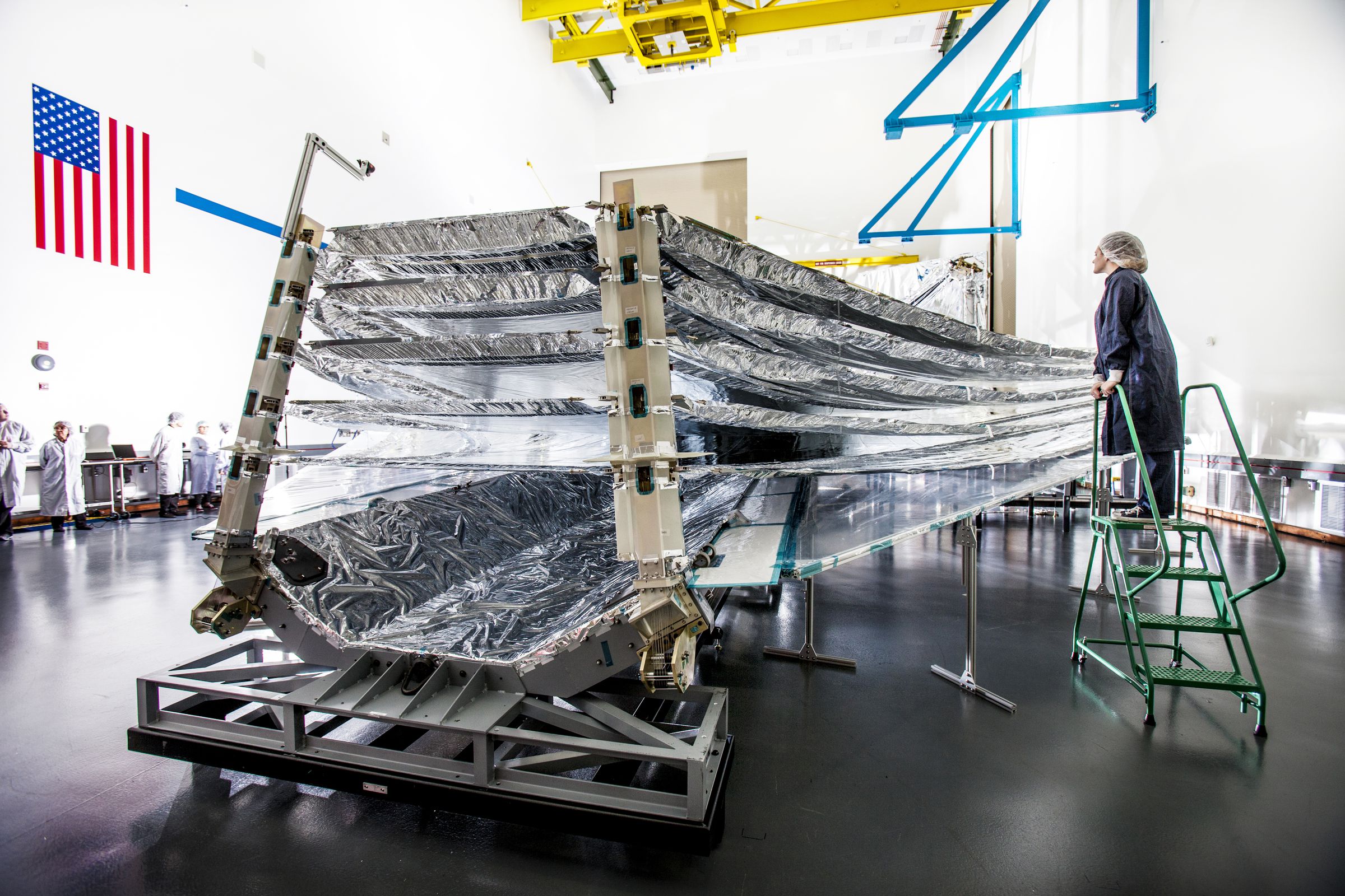 The layers of JWST’s sunshield undergoing tests on the ground before its launch