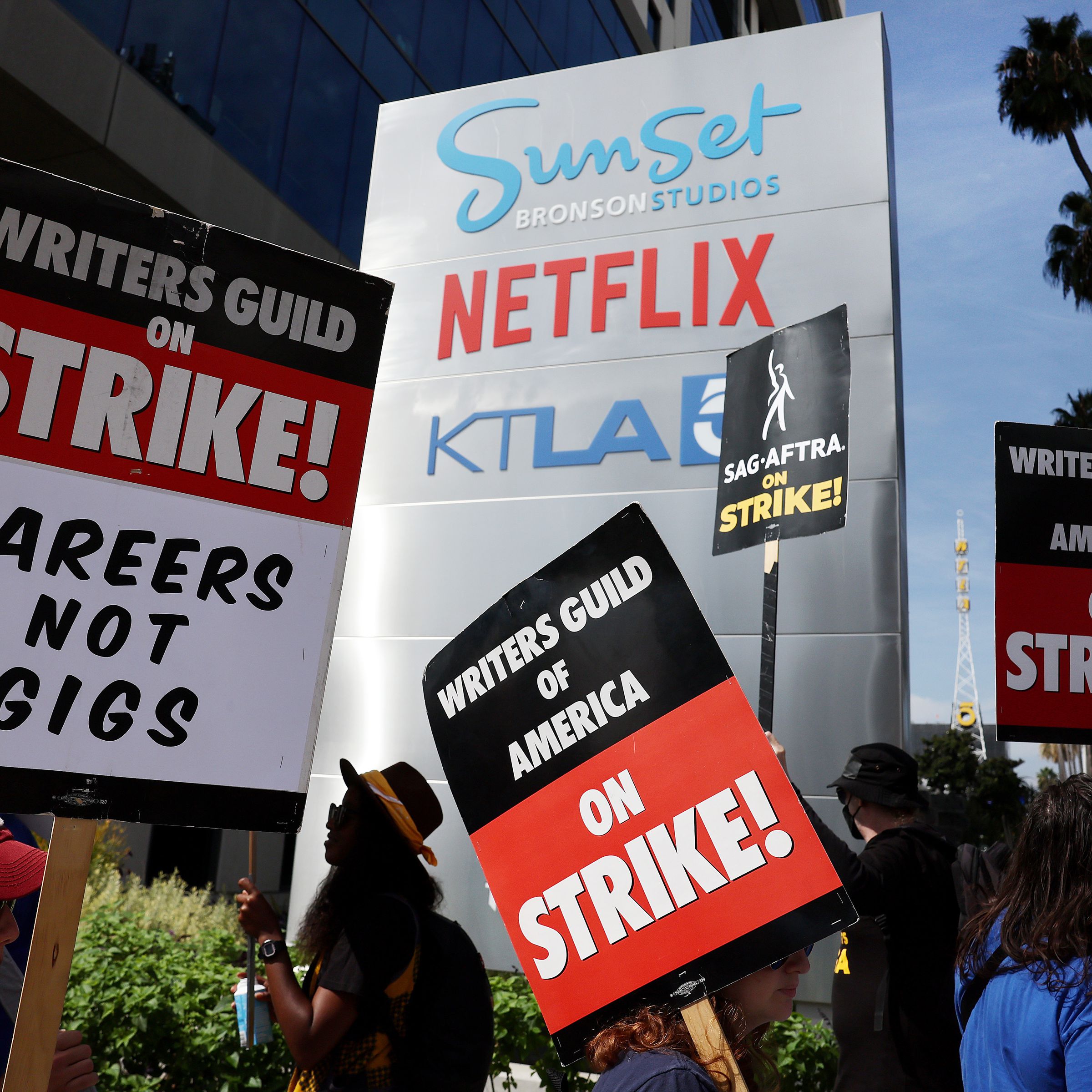 A photo showing Hollywood writers on strike