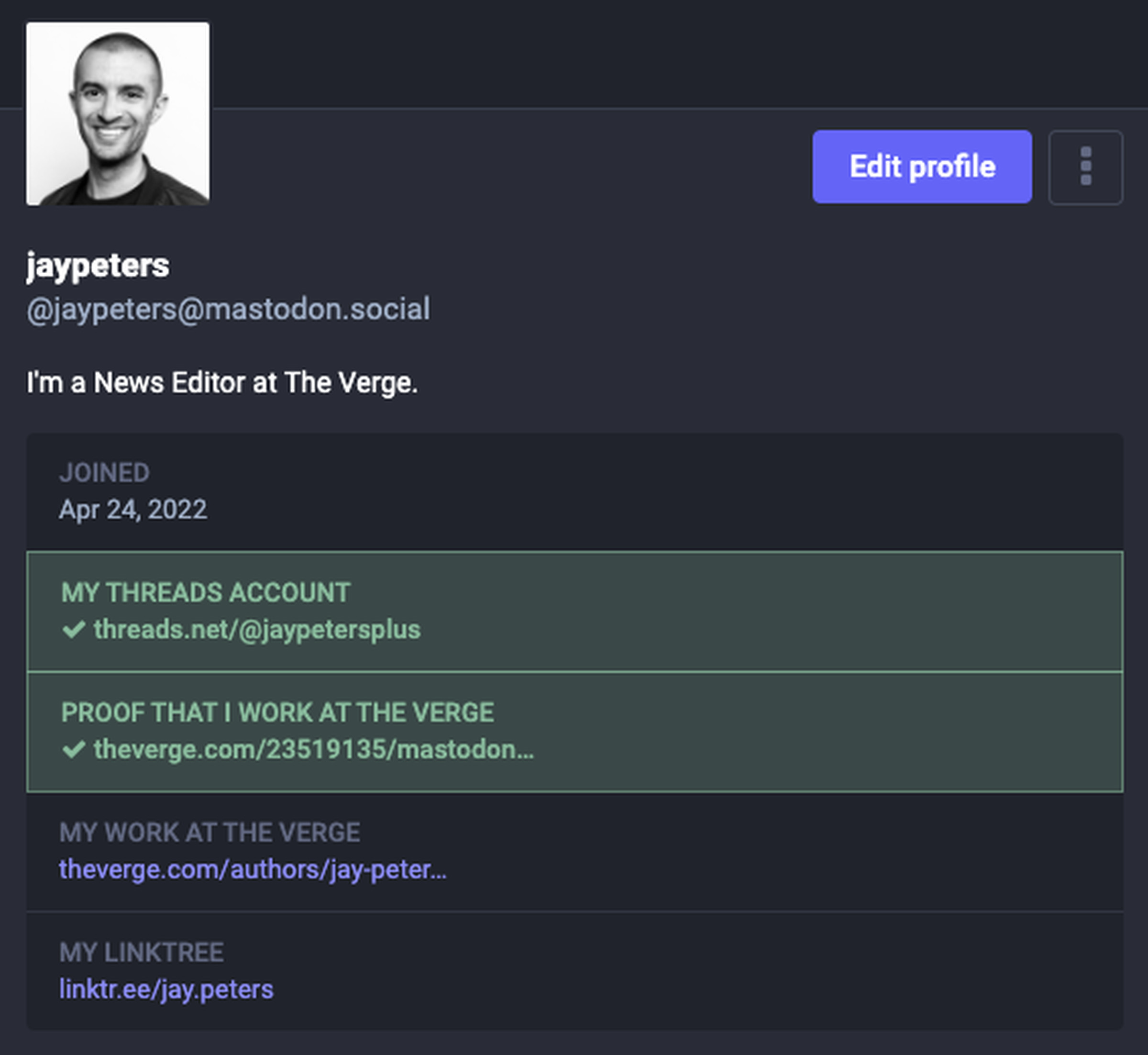 Mastodon profile page for jaypeters.