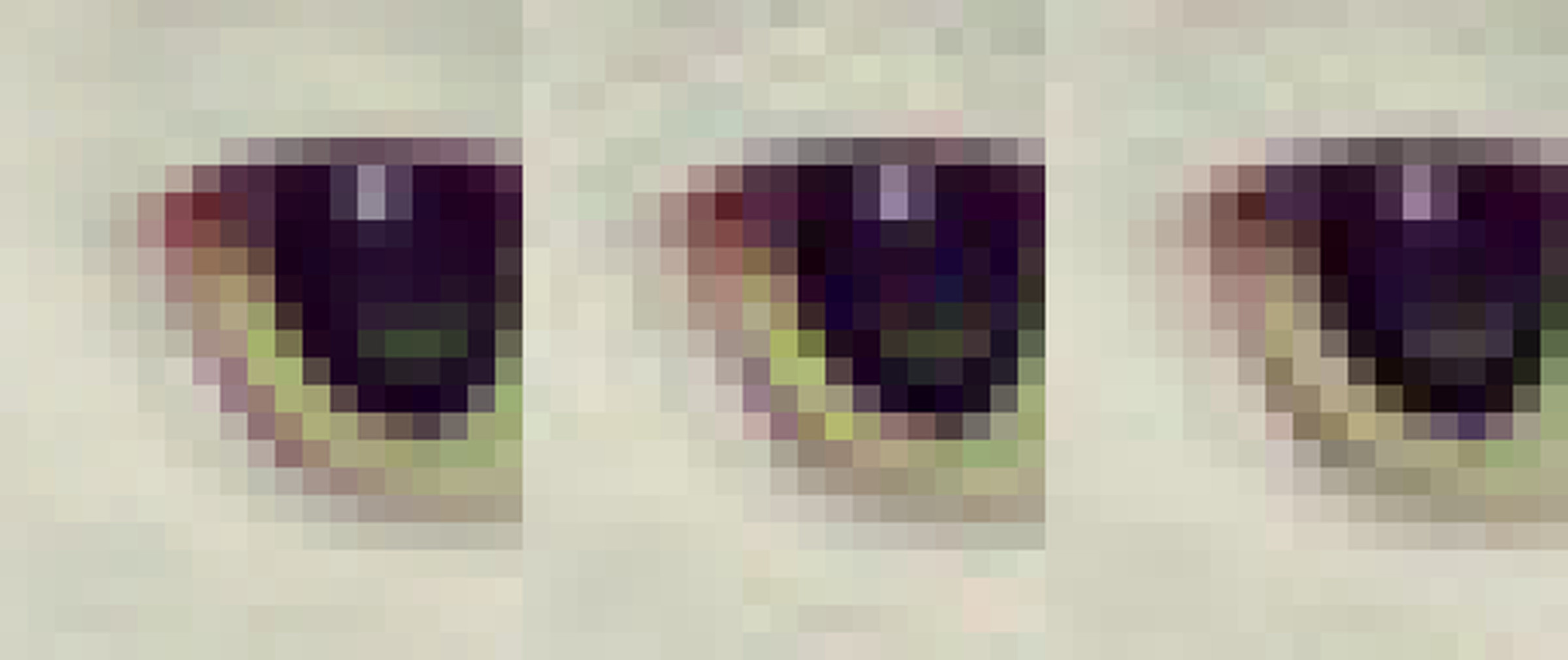 A 20 x 24 pixel image of a cat’s eye. Left: The uncompressed original. Middle: Standard libjepg encoder. Right: Guetzli. Google claims that Guetzli has fewer artifacts without a larger file size.