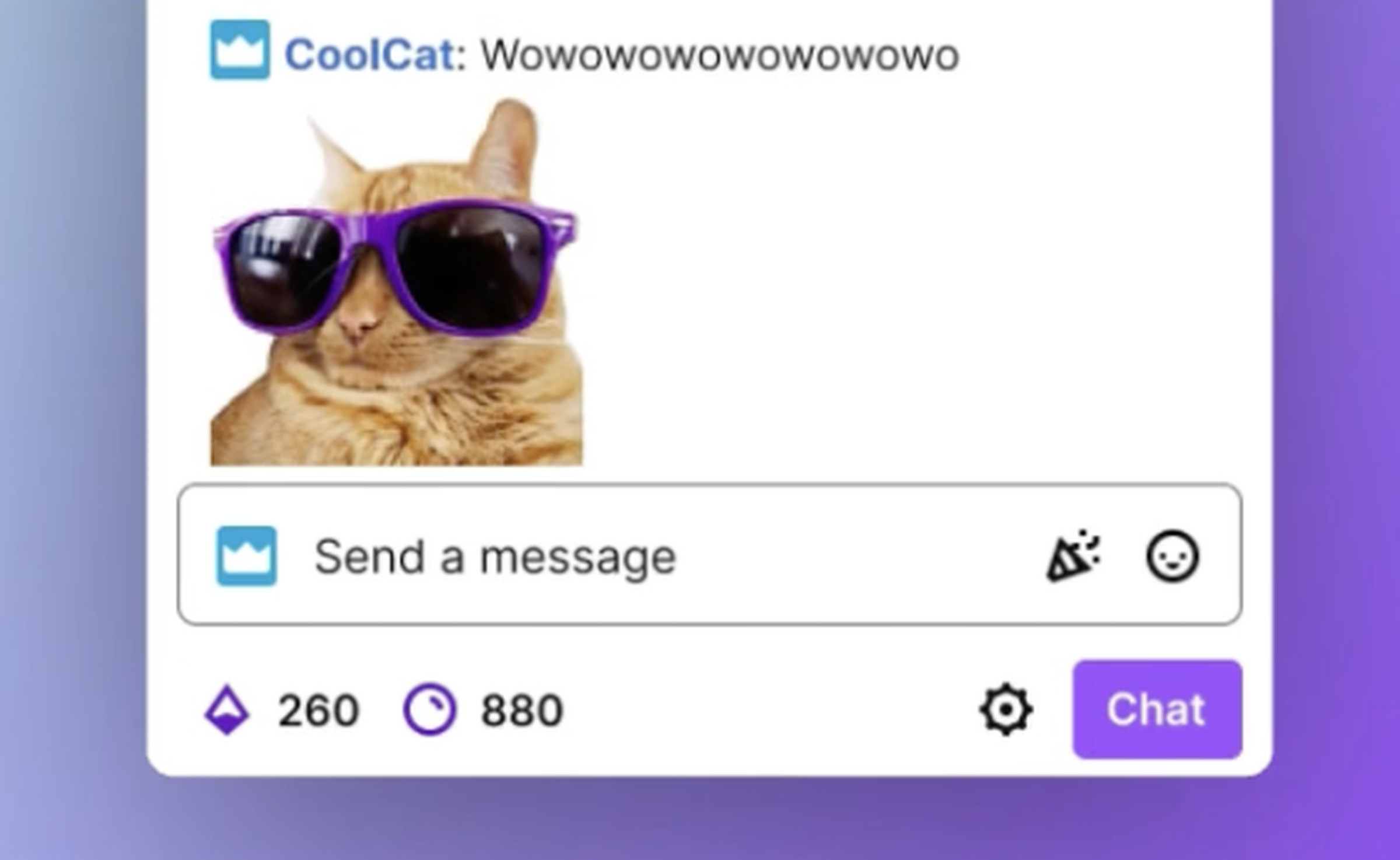 A screenshot of a Twitch chat showing a very large cat emote.