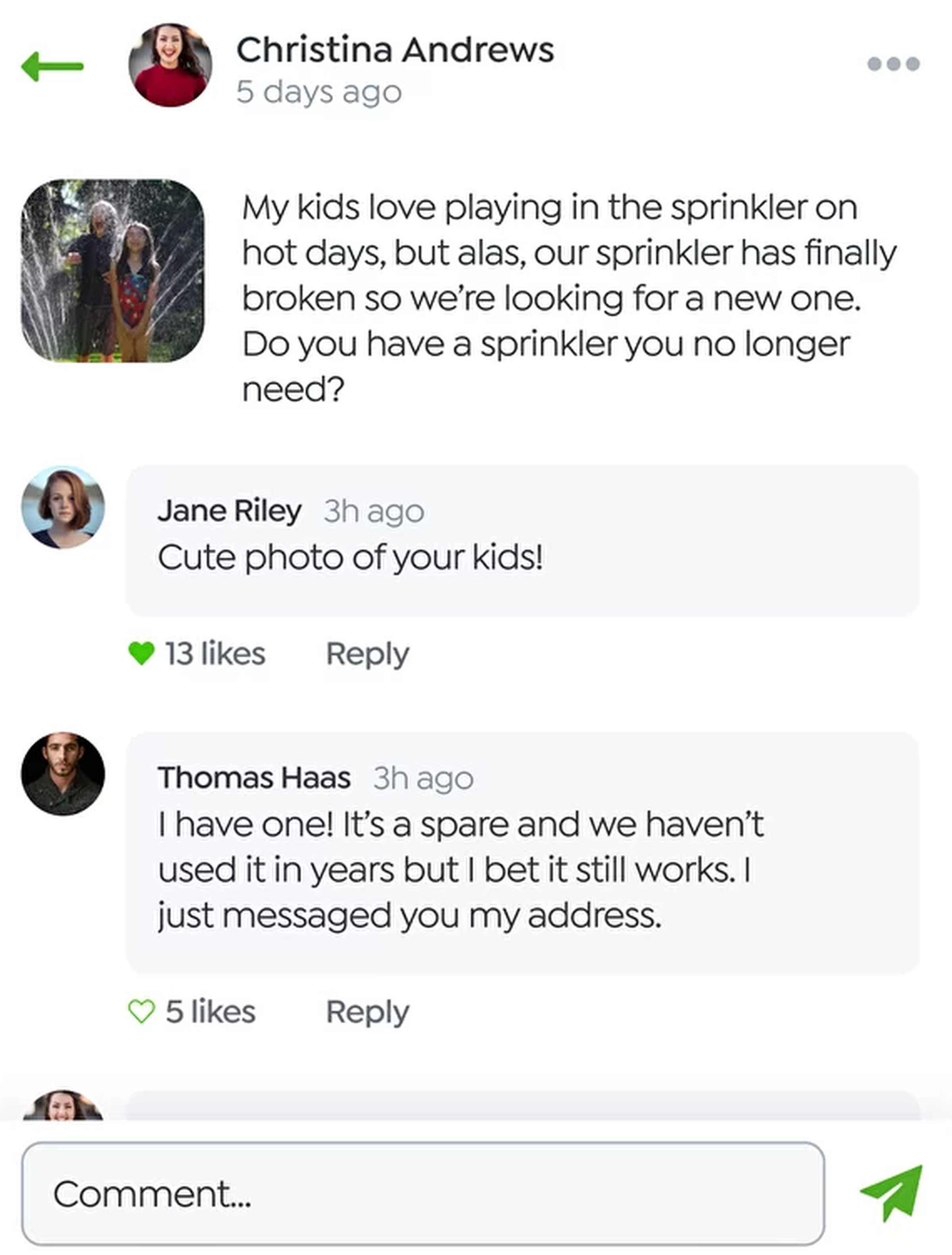 A series of comments of someone asking for and being offered a sprinkler.