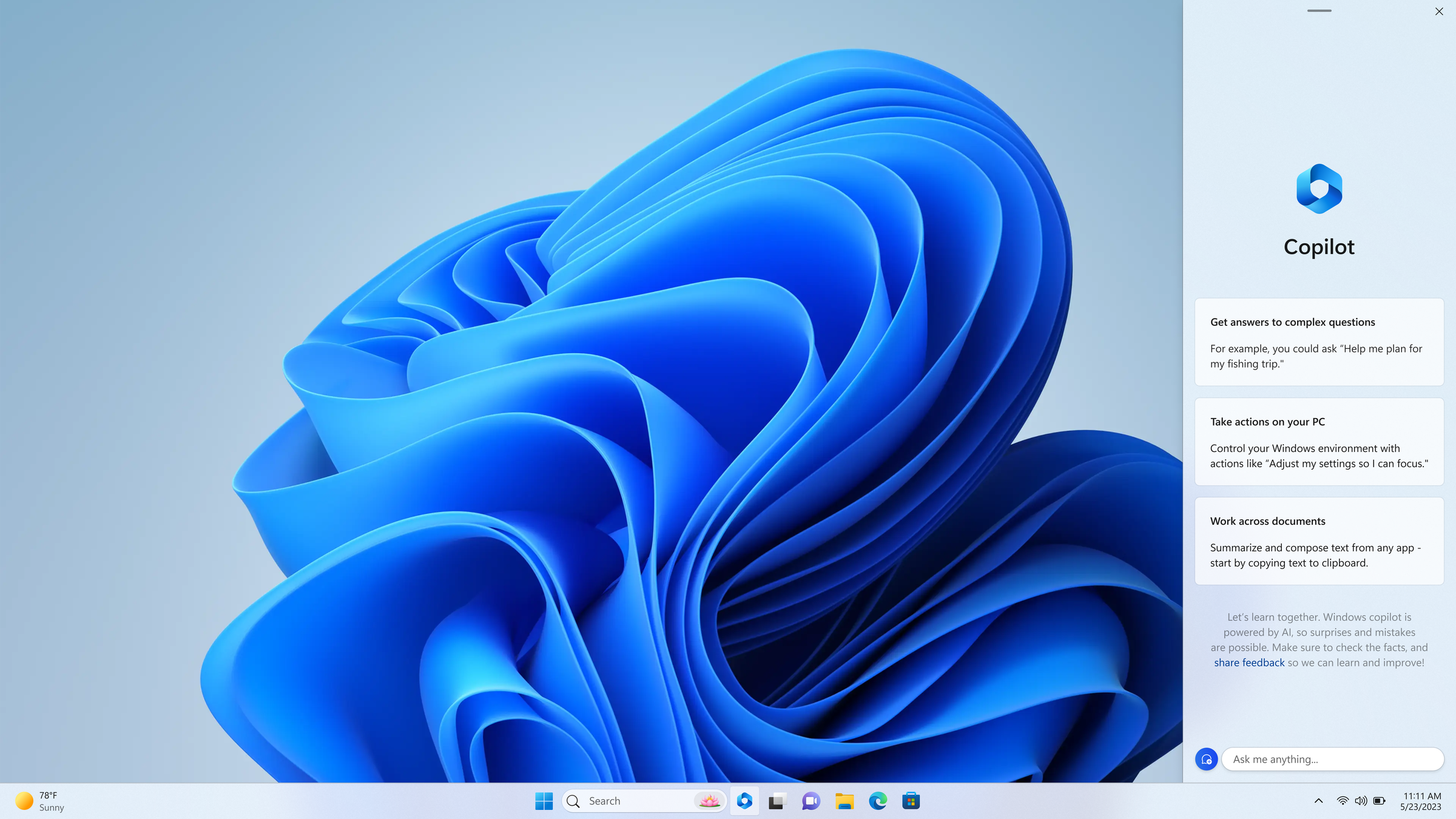 A screenshot of the Windows Copilot running on Windows 11