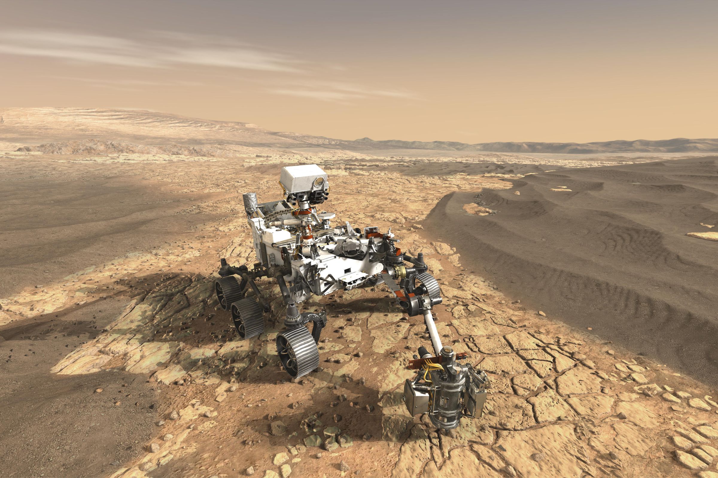 An artistic rendering of the Mars 2020 rover on the Martian surface.