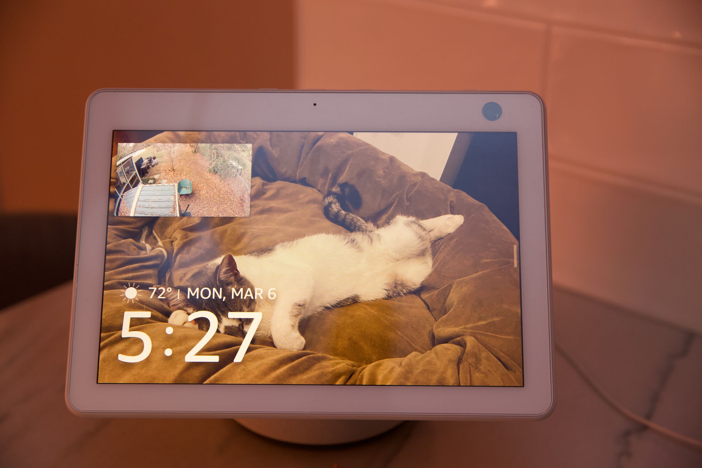A picture-in-picture image of a security camera feed on the Echo Show 10.