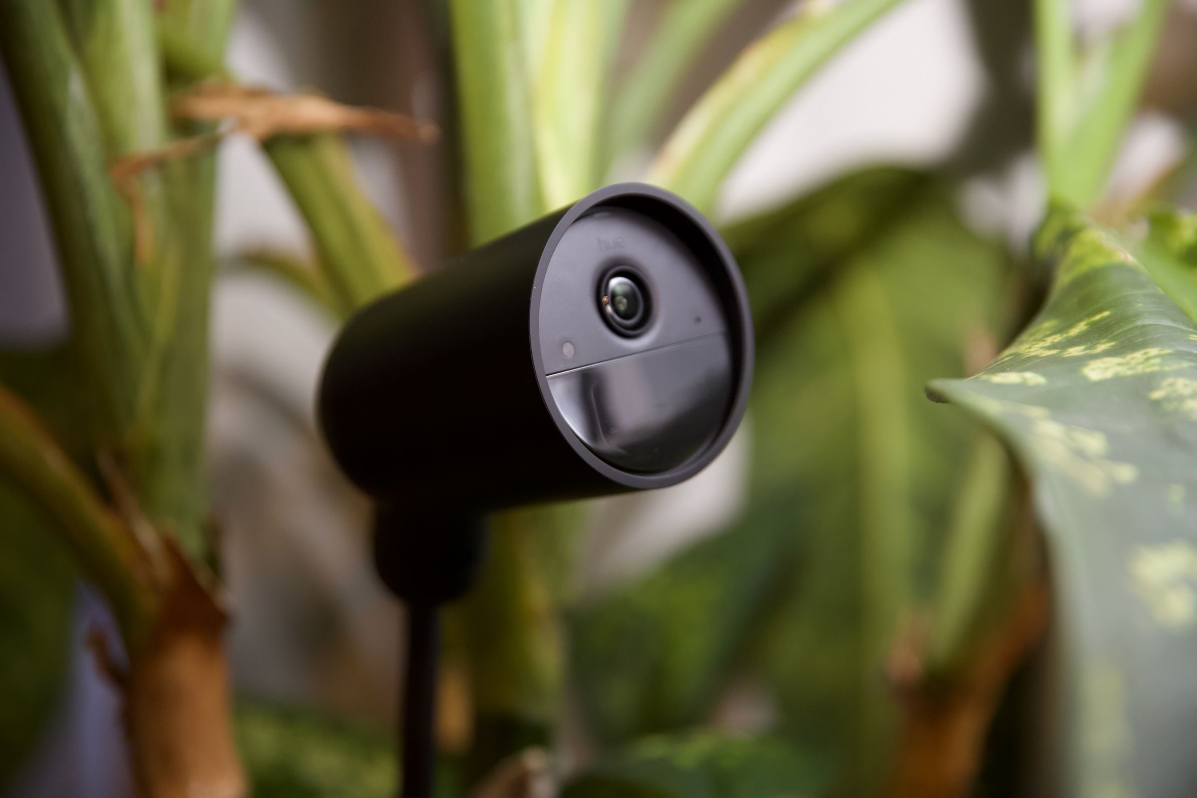 The battery-powered Philips Hue Secure camera works indoors and outdoors and has the option of a magnetic mount that you can stick in the ground.