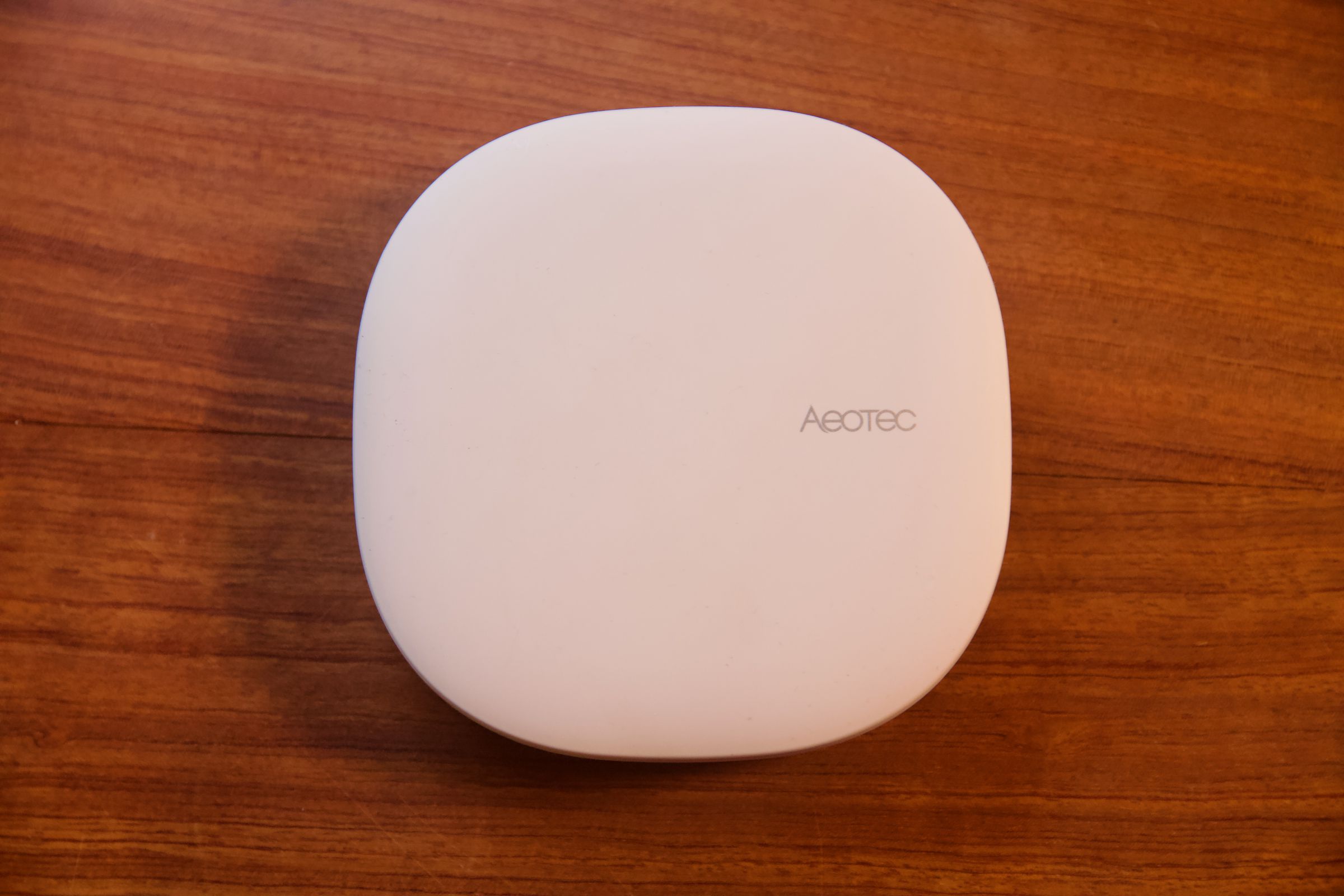 The Aeotec Smart Home Hub on a desk