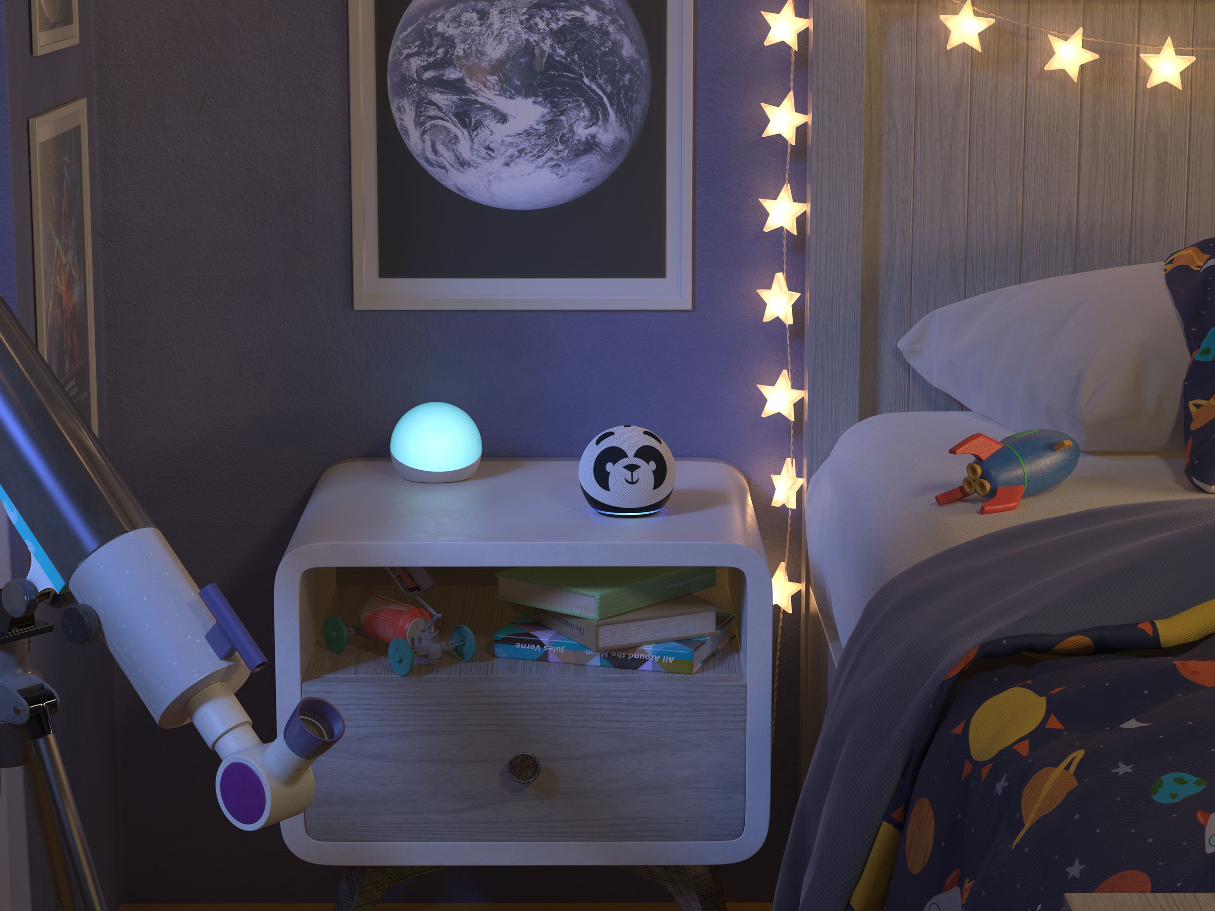 A Bedtime Routine on a Kids Echo Dot in a child’s room is a great way to help wind down at bedtime. Set it to slowly dim the lights, read an Audible book, and finish up with some sleep sounds. 