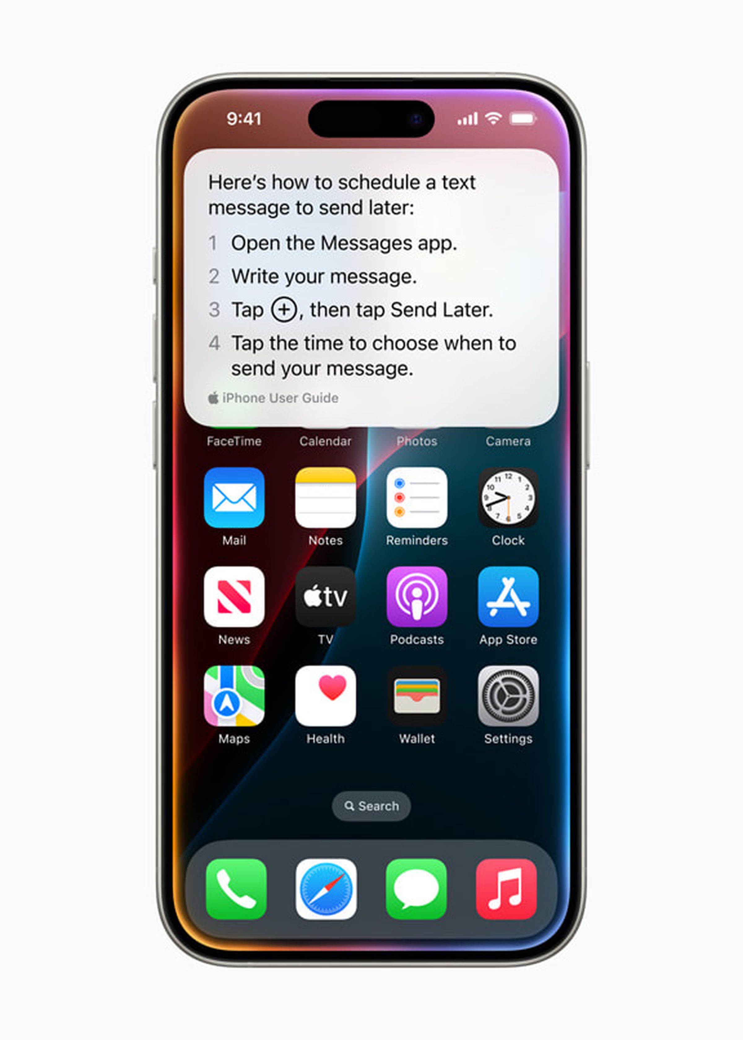 A screenshot showing instructions at the top of an iPhone for how to schedule a text to send later.
