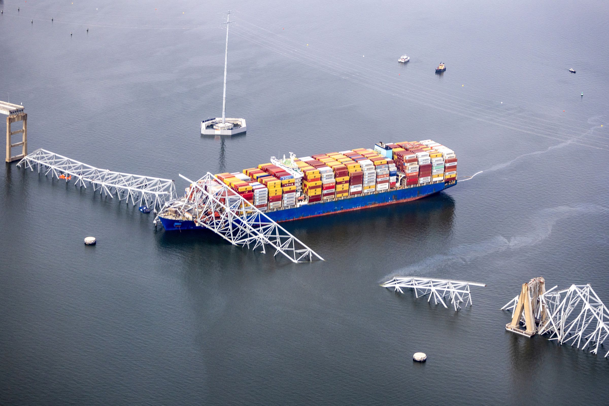 A photo showing Baltimore’s Francis Scott Key Bridge collapsed after being struck by the MV Dali cargo ship