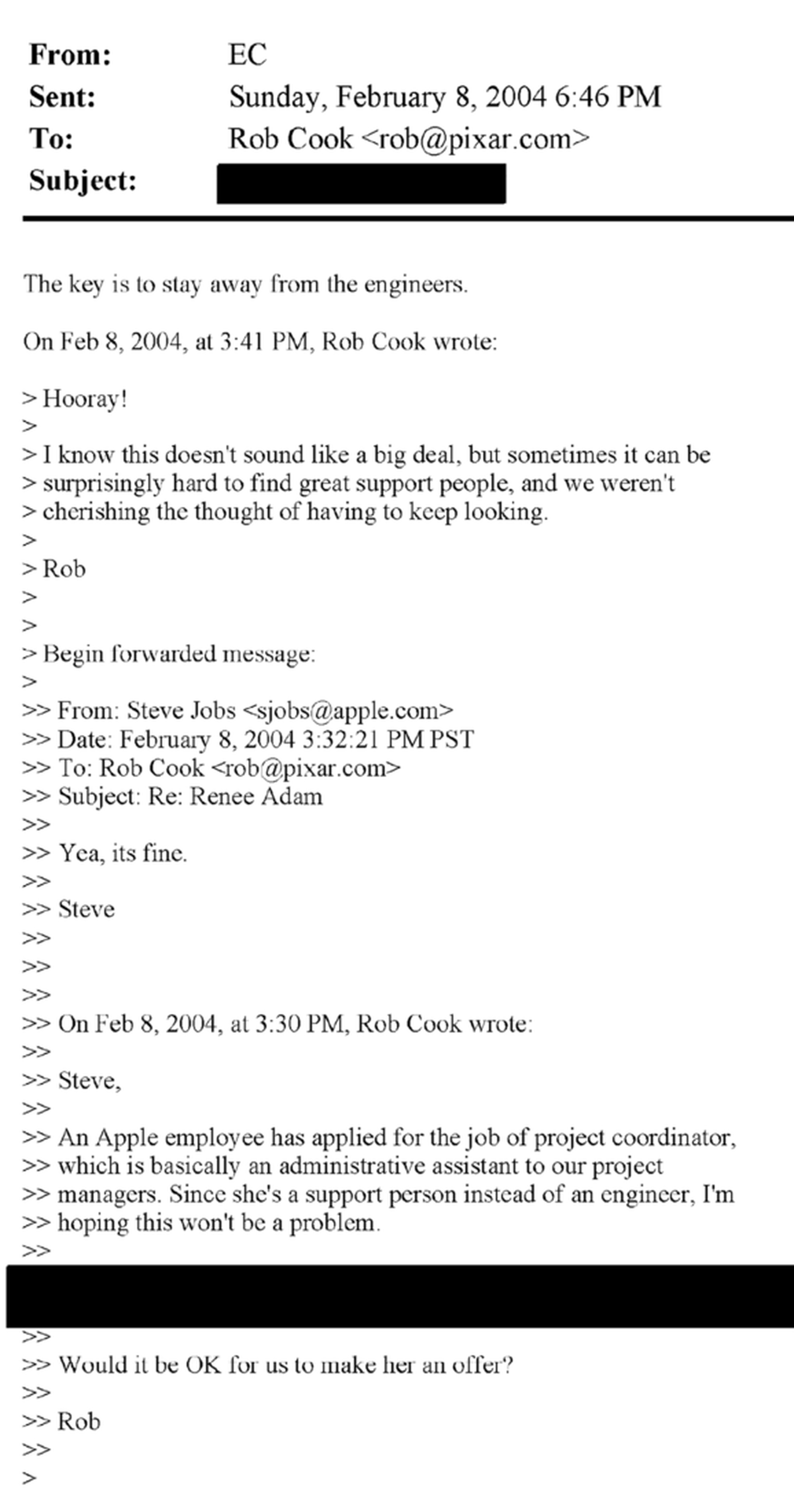 Email exhibits in Silicon Valley no-hire case