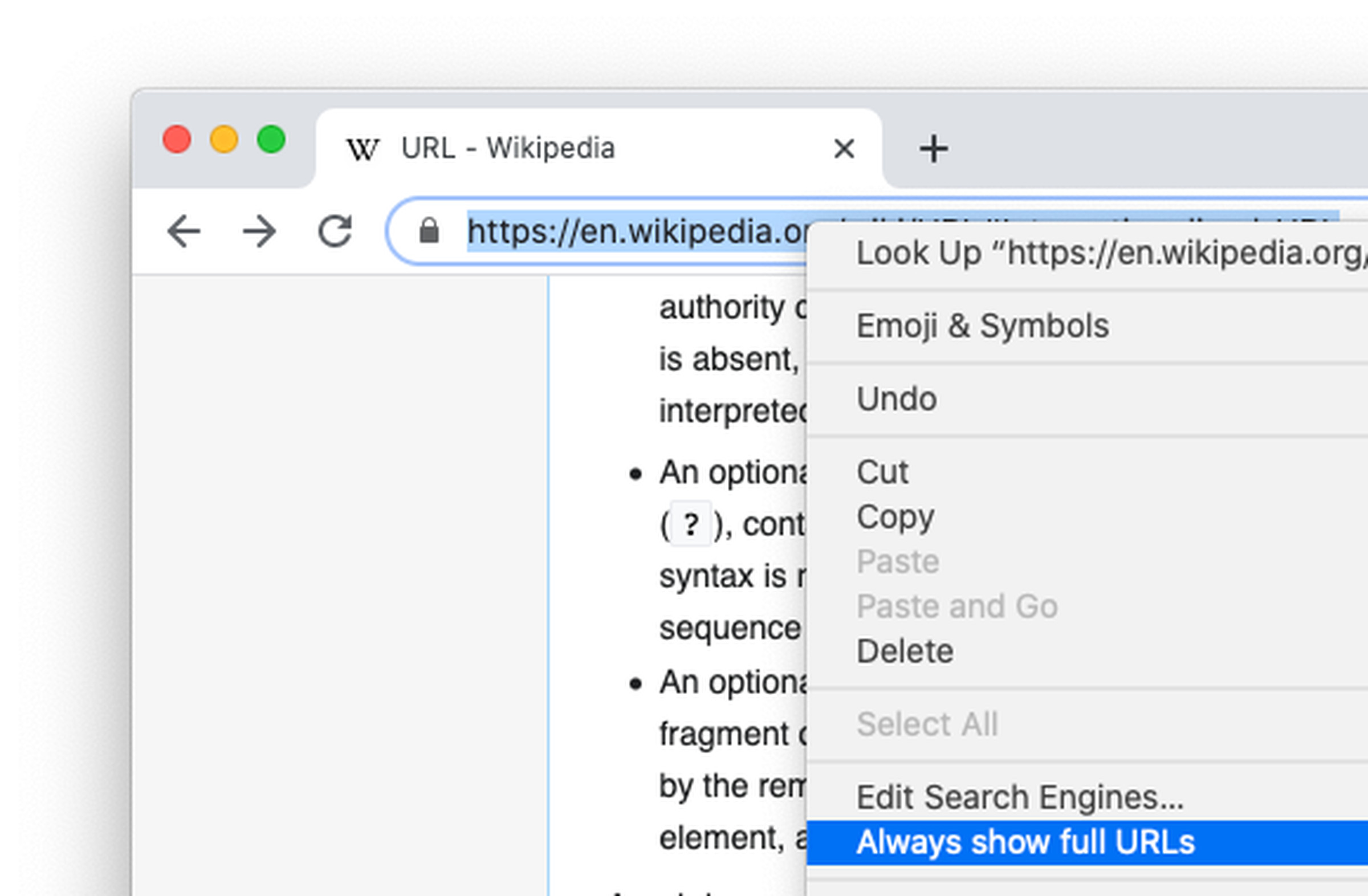 Full URLs can be toggled on by right clicking the address bar. 