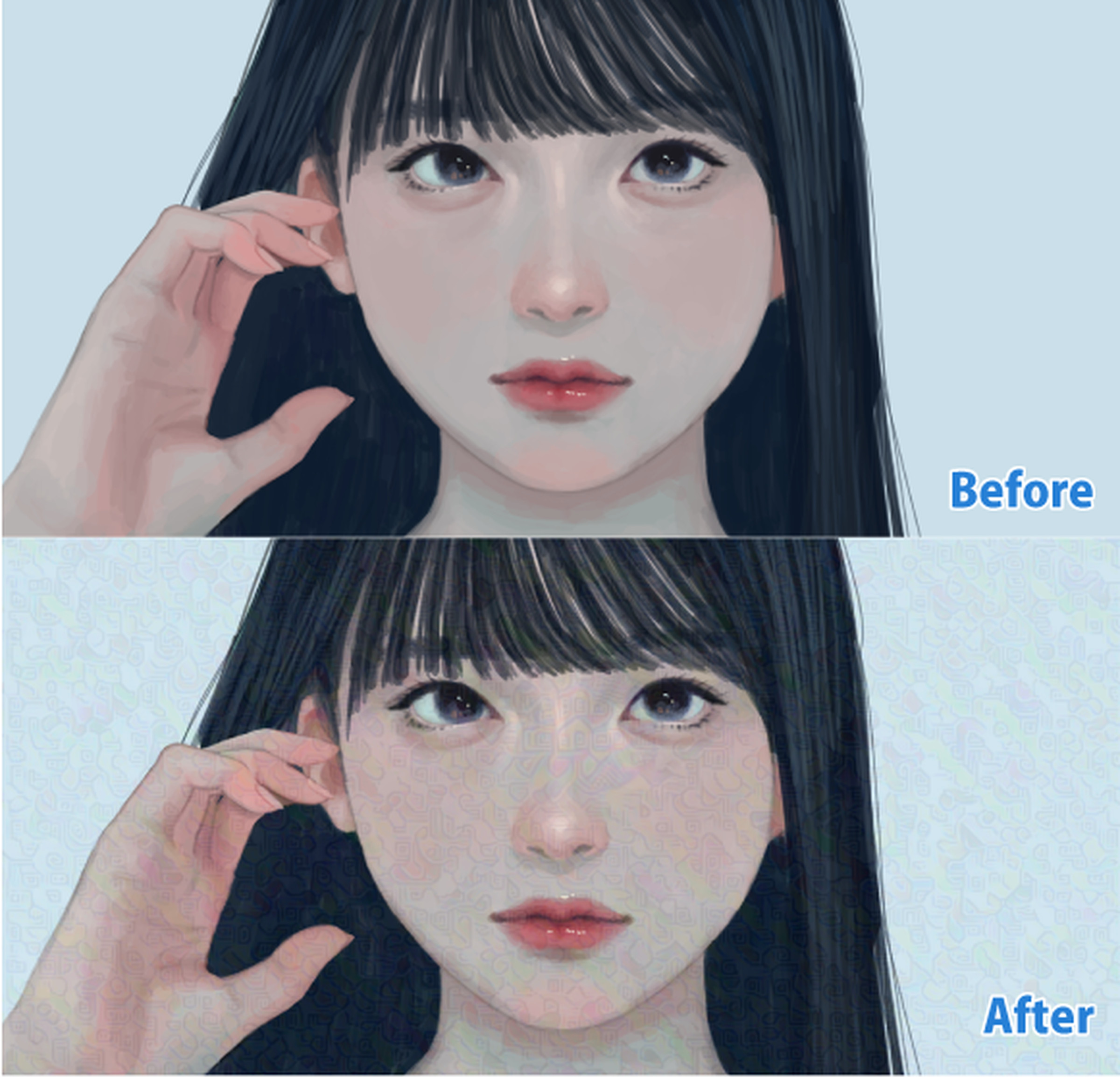 A before and after comparison of an image in IbisPaint with AI Disturbance applied.
