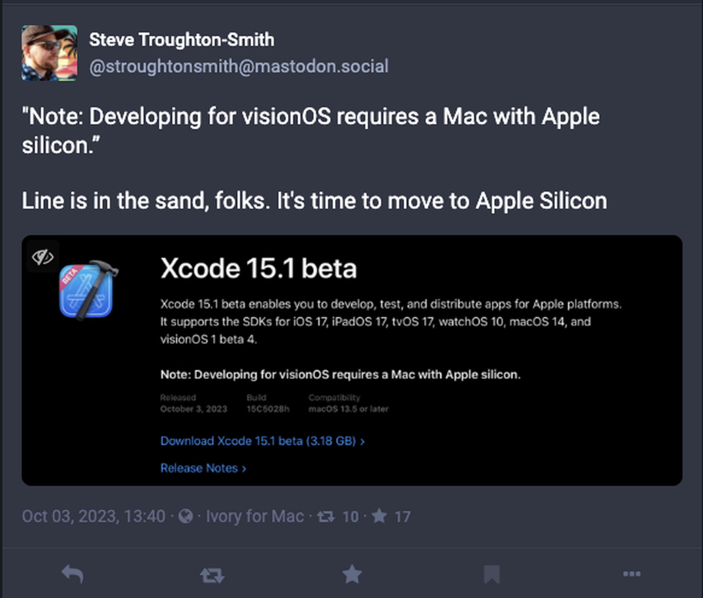 Screenshot showing Steve Troughton-Smith’s Mastodon post.