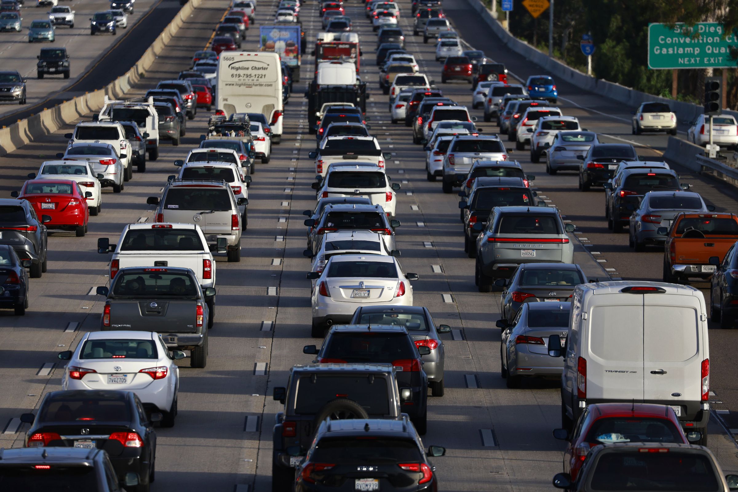 Drivers sit in traffic on southbound Interstate 5 during the afternoon commute heading into downtown San Diego on March 12, 2024 in San Diego, California.