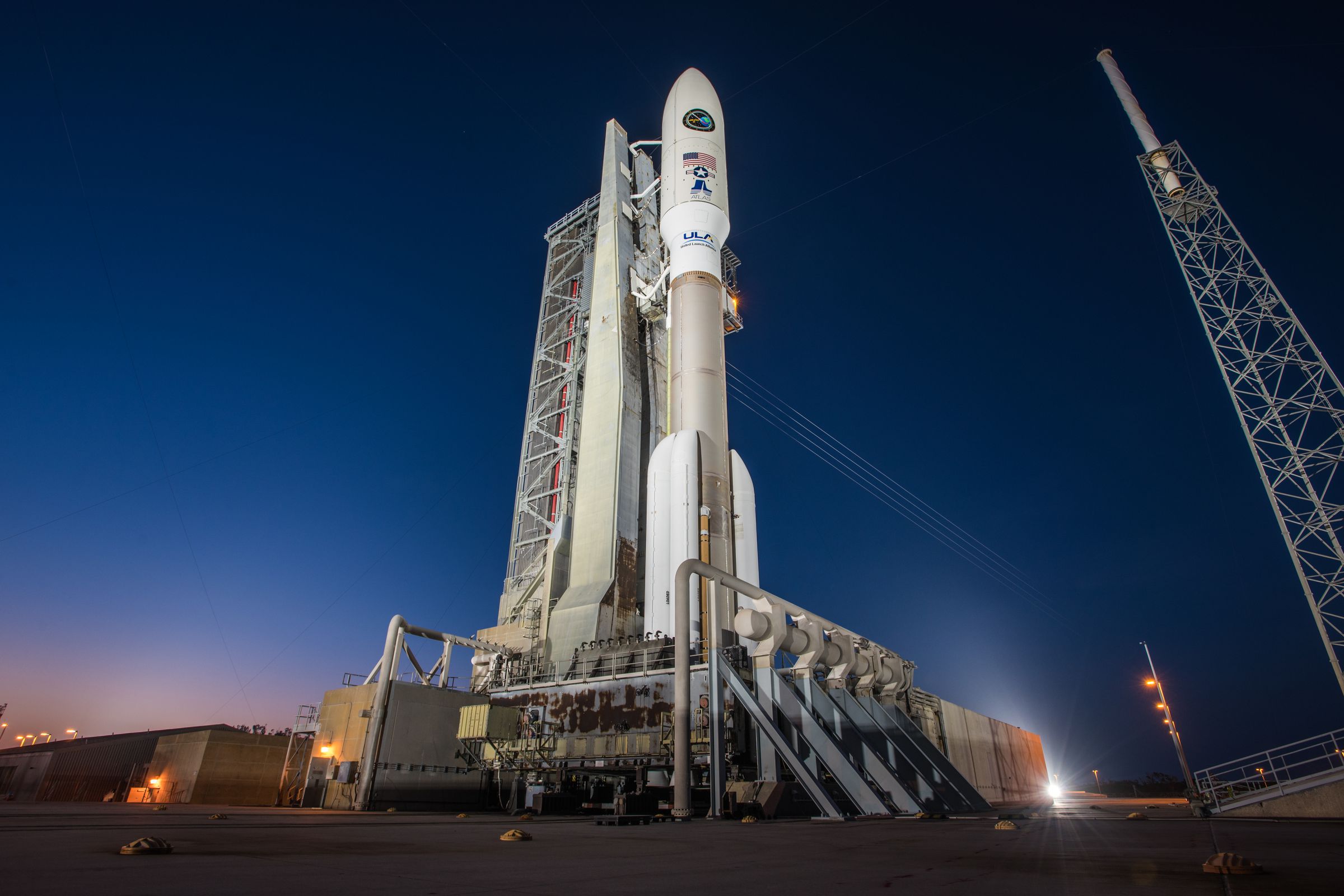 An Atlas V rocket poised to launch a satellite for the Air Force