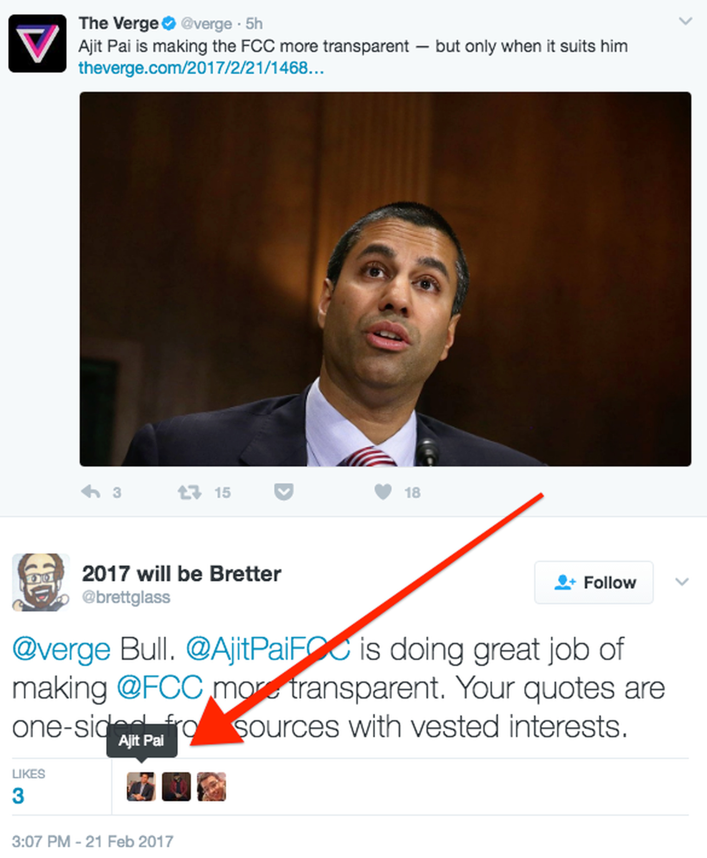ajit pai faves a tweet hating on a verge piece