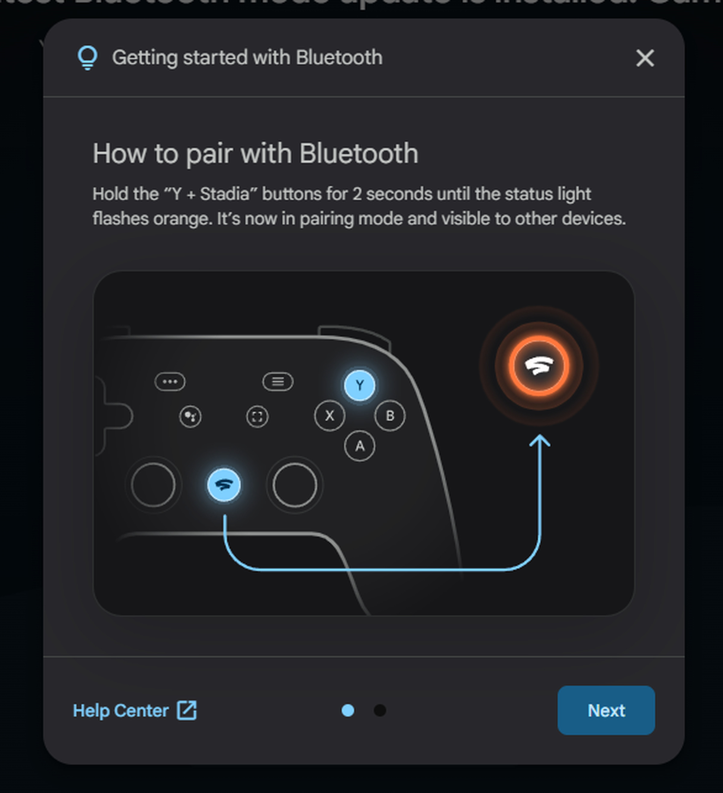 A screenshot showing how to activate your Google Stadia controller's Bluetooth mode