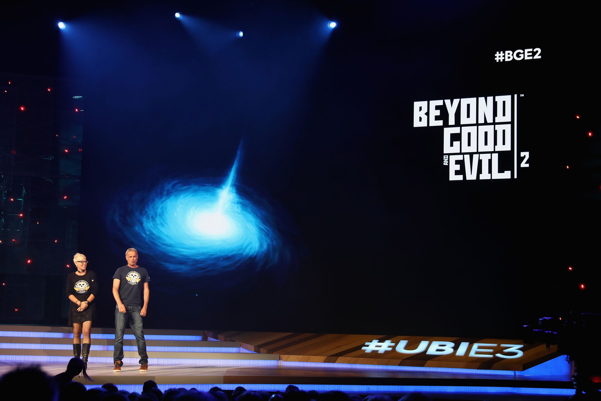 Ubisoft narrative director Gabrielle Shrager (left) and Ubisoft Montpellier Studio’s Michel Ancel introduce Beyond Good and Evil 2 during the Ubisoft E3 conference at the Orpheum Theater on June 12th, 2017, in Los Angeles, California. 