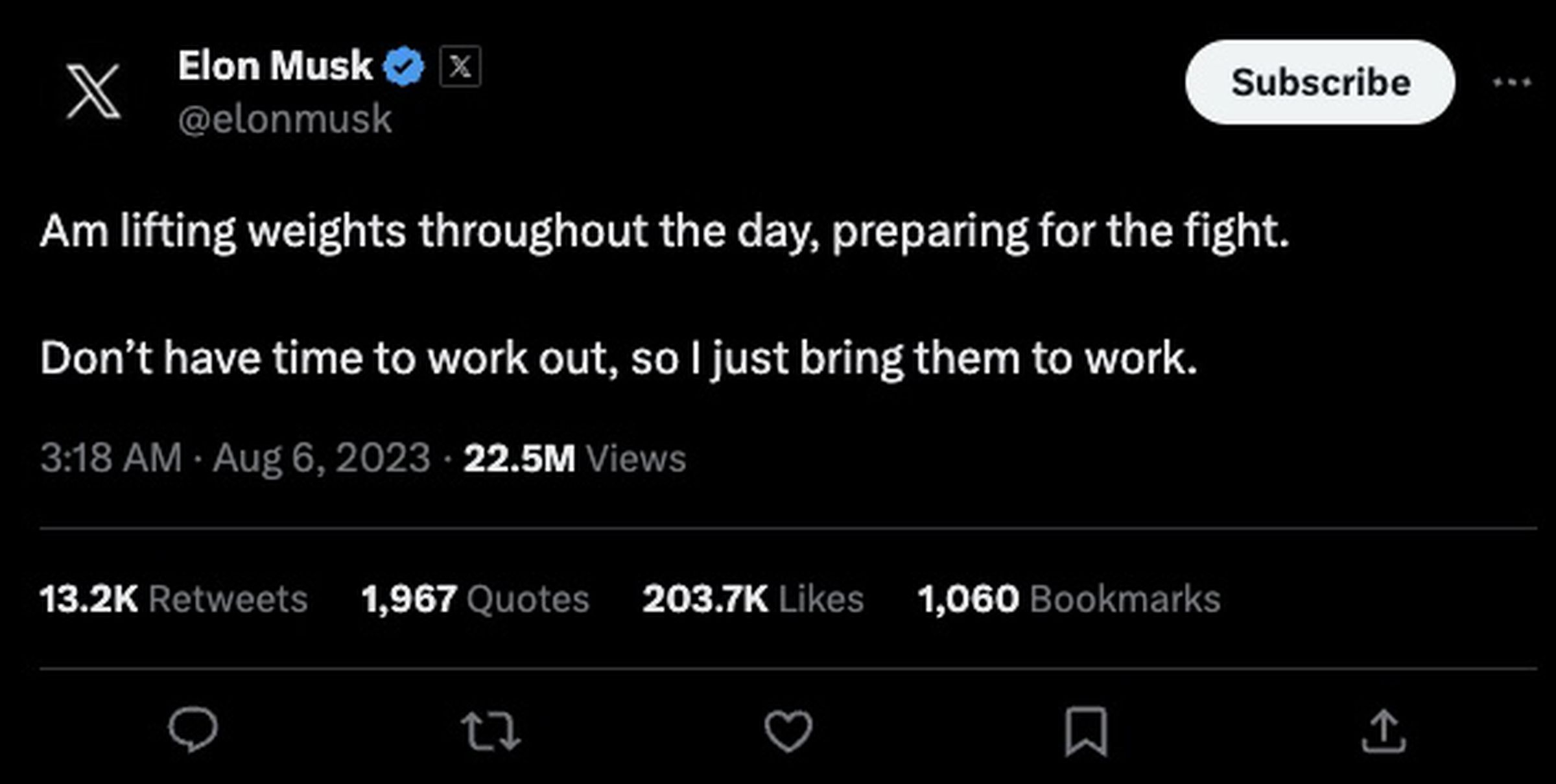 Elon Musk: “Am lifting weights throughout the day, preparing for the fight.   Don’t have time to work out, so I just bring them to work.”