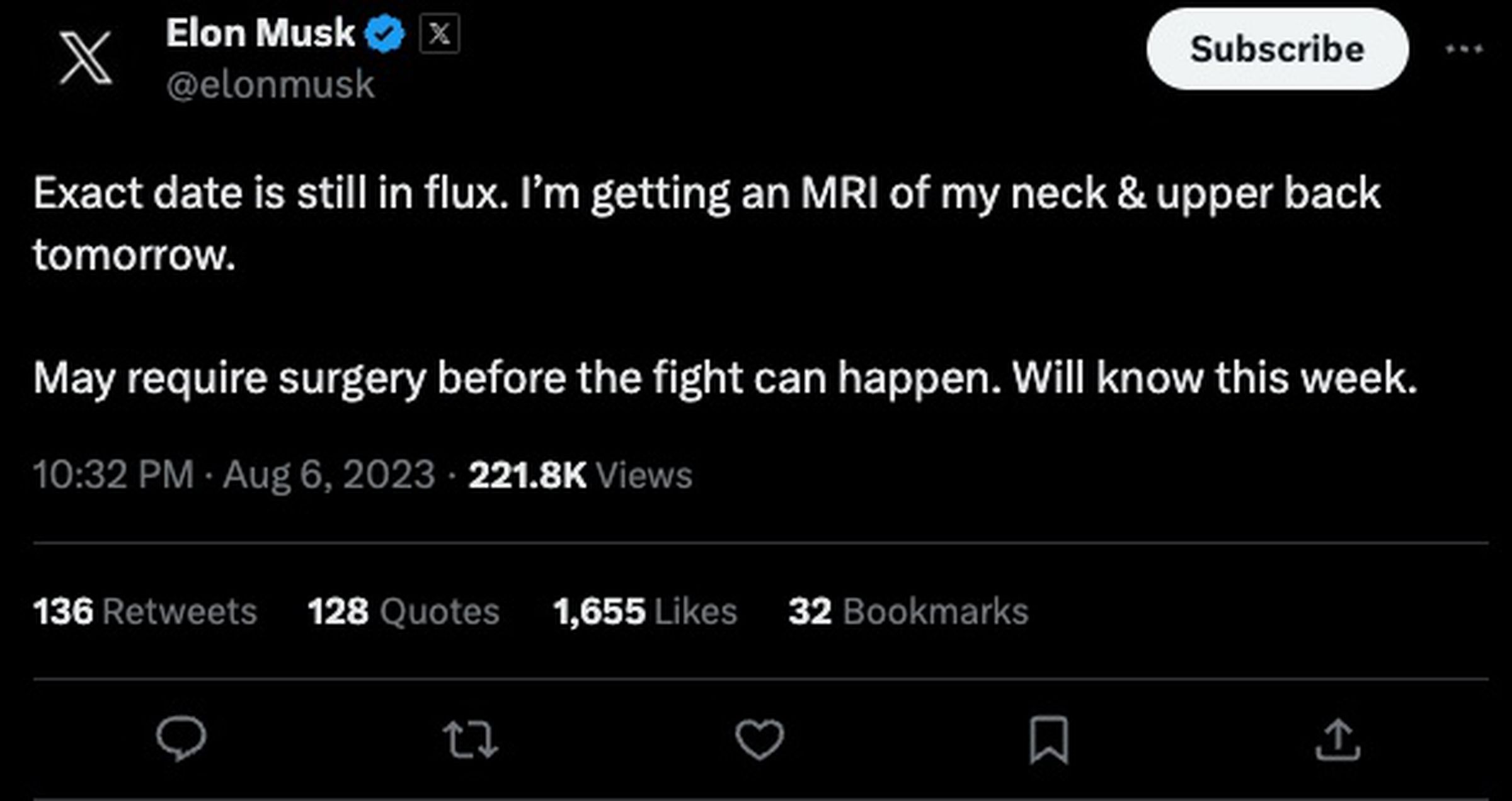 Elon Musk: “Exact date is still in flux. I’m getting an MRI of my neck &amp; upper back tomorrow. May require surgery before the fight can happen. Will know this week.”