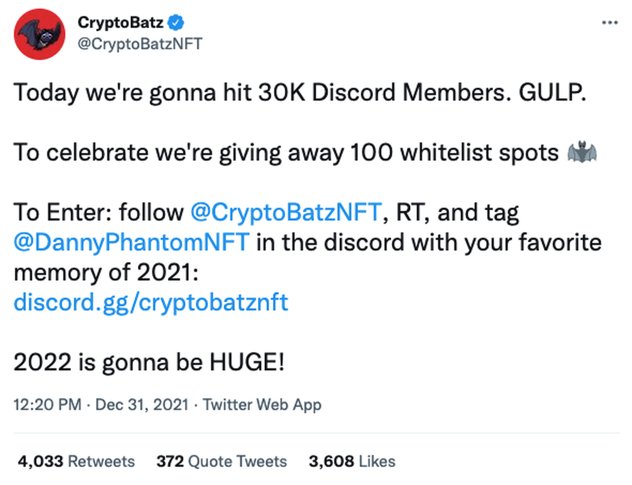 Cryptobatz tweet containing link to a scam Discord