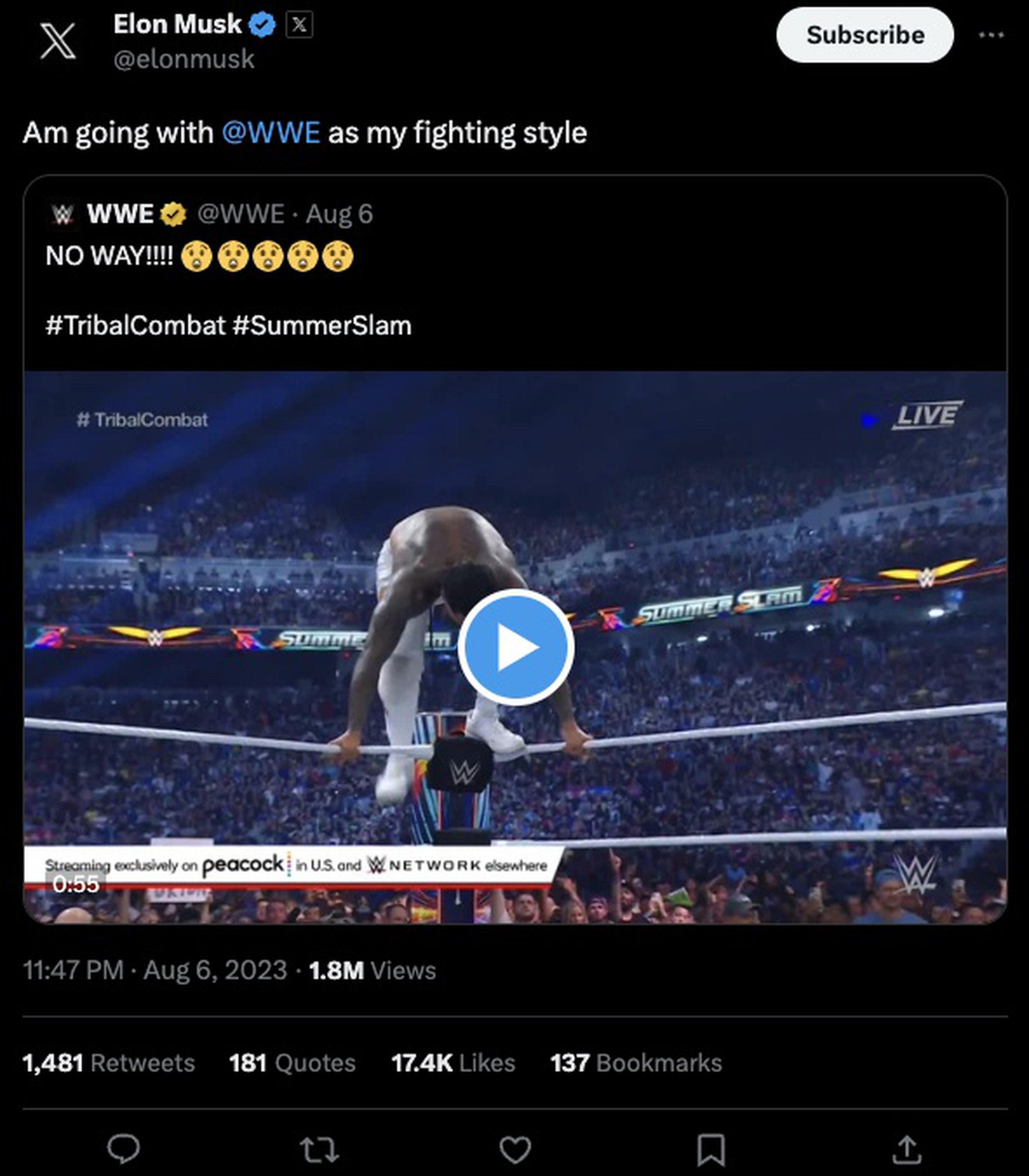 Elon Musk post: “Am going with @WWE as my fighting style” (quoting a video clip from a WWE event)