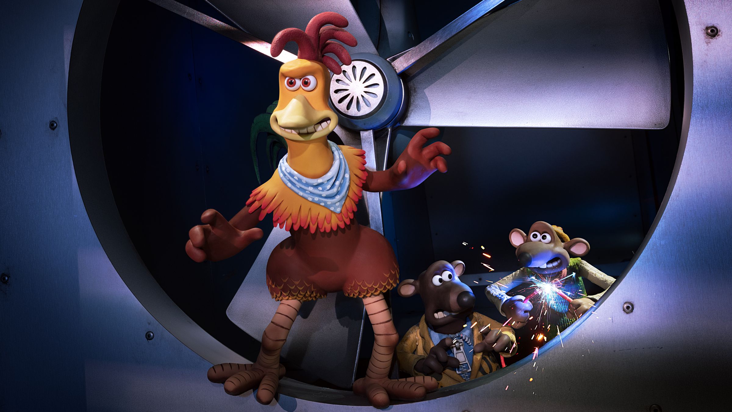A still image from the stop-motion animated film Chicken Run: Dawn of the Nugget.