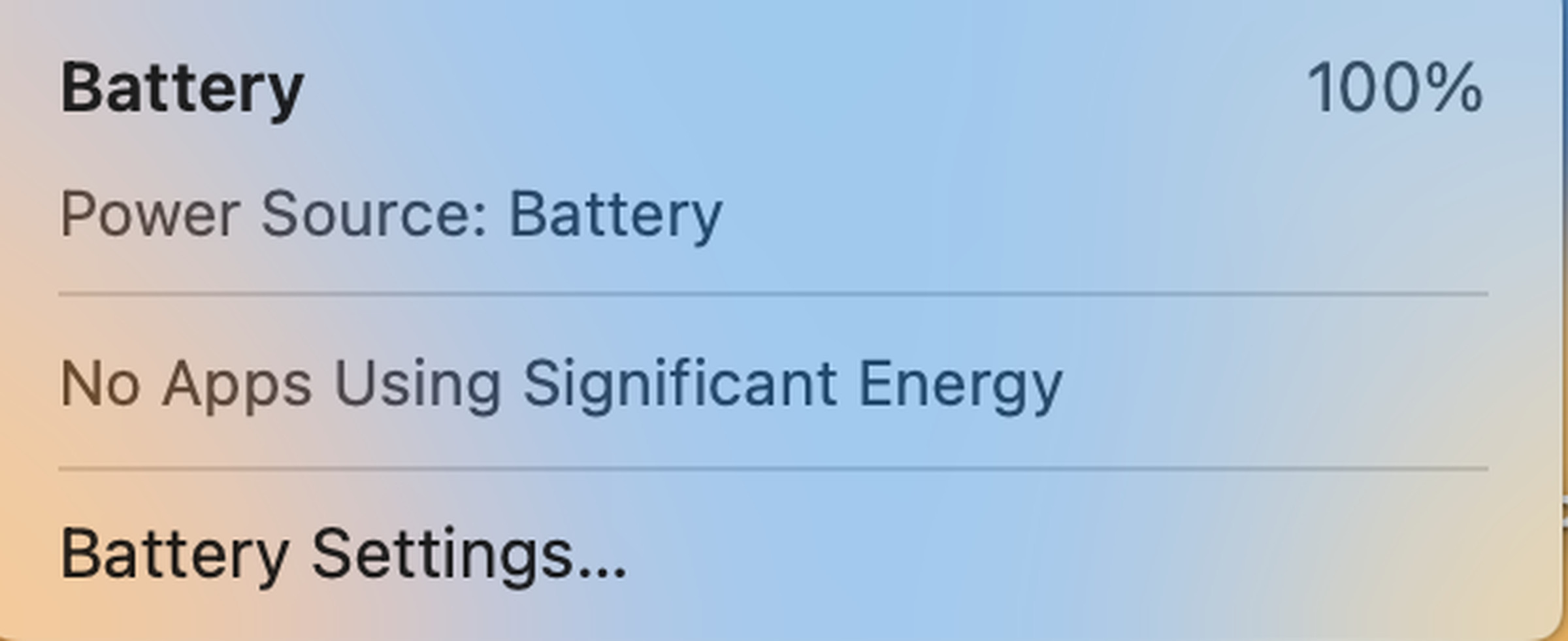 A screenshot of the battery meter on the MacBook Pro showing 100%.