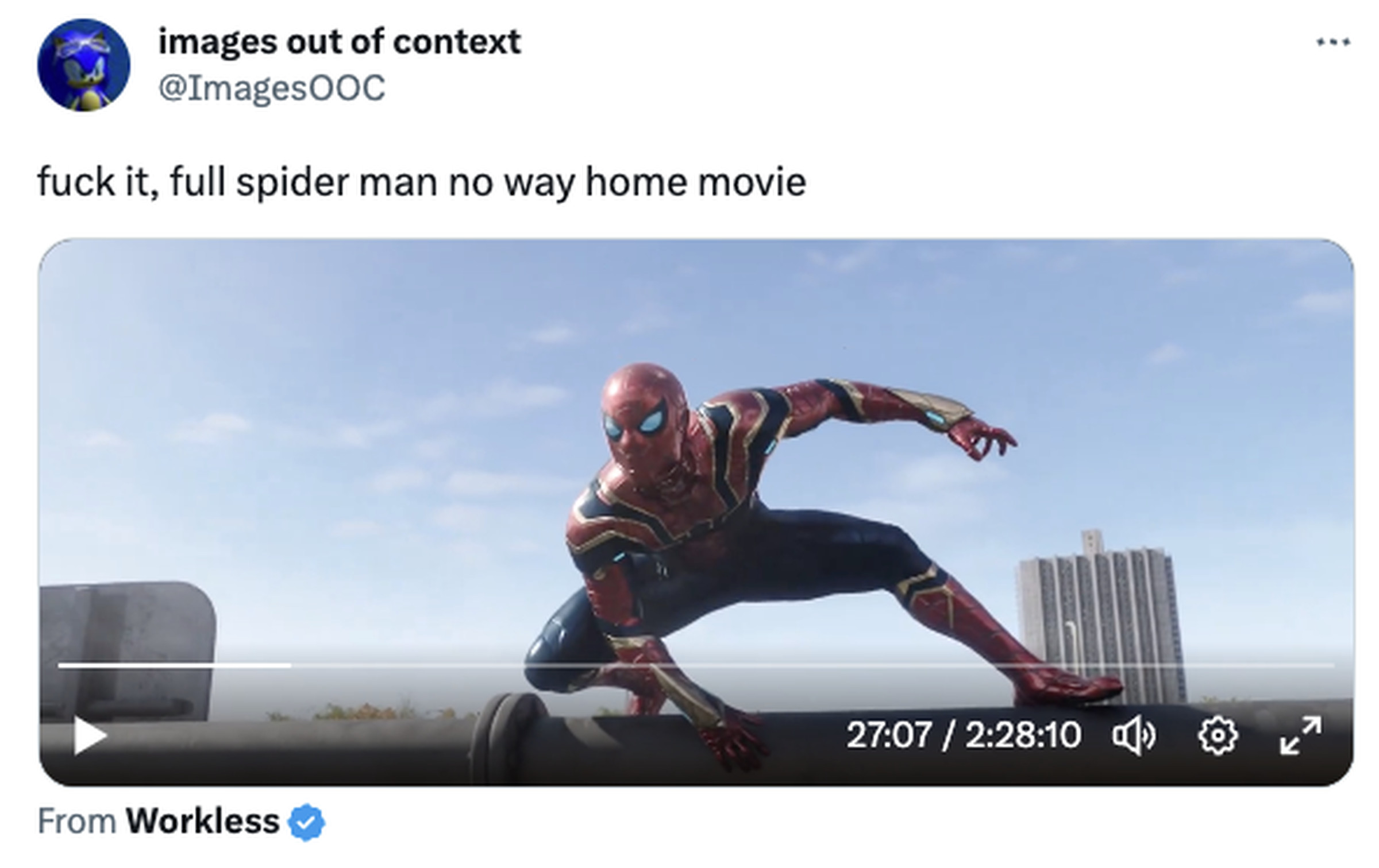 A screenshot of a re-upload of Spider-Man: No Way Home on Twitter.