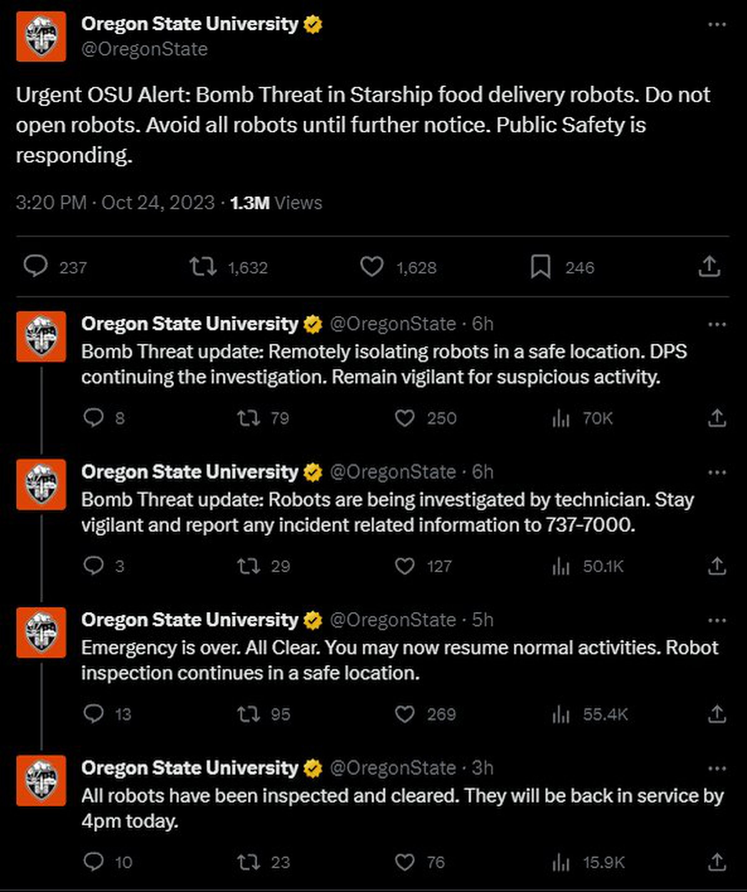 Screenshot of posts from October 24th as Oregon State University warned of a bomb threat regarding food delivery robots, that was cleared about an hour later.