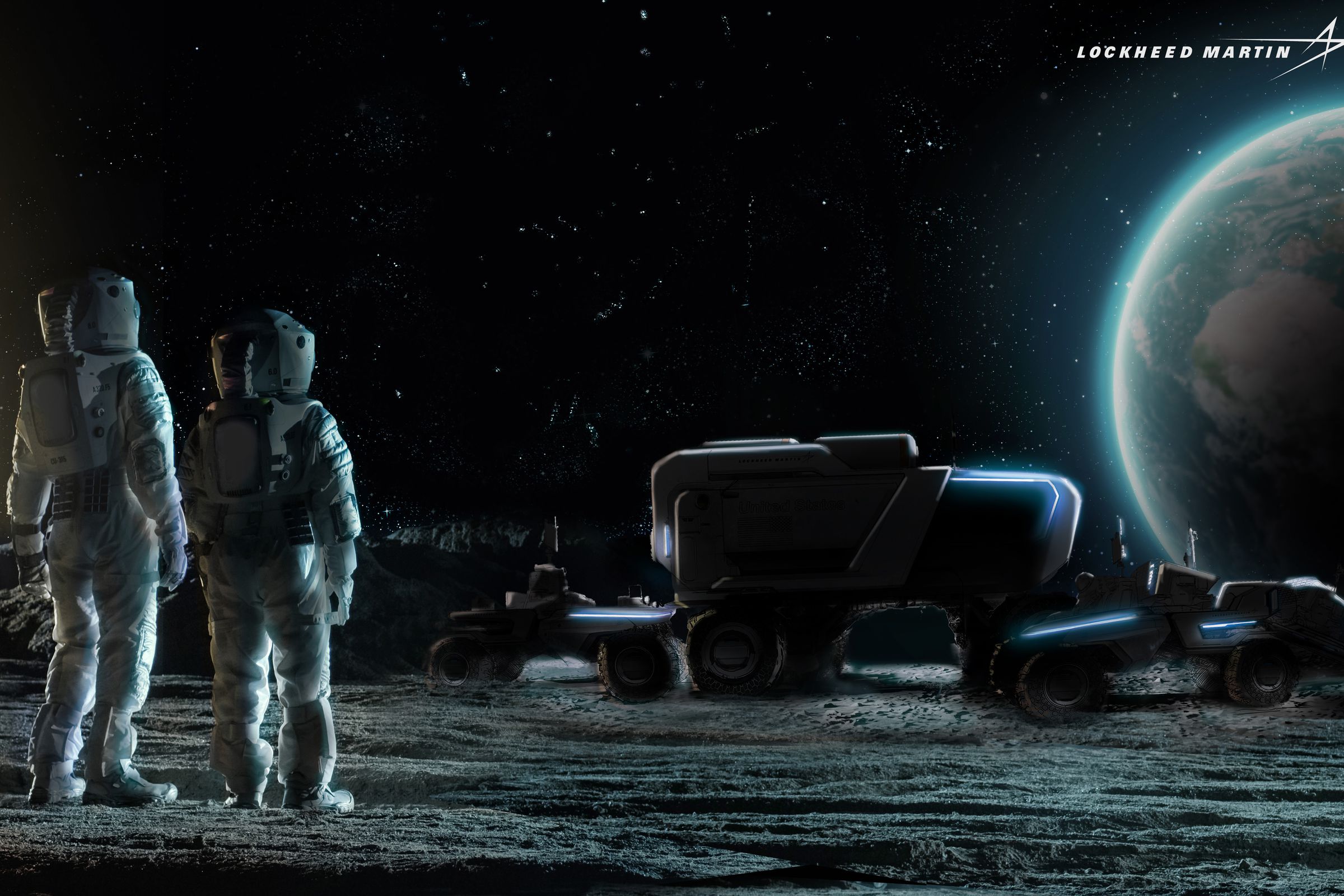 A company illustration shows astronauts staring at a fleet of conceptual lunar rovers.