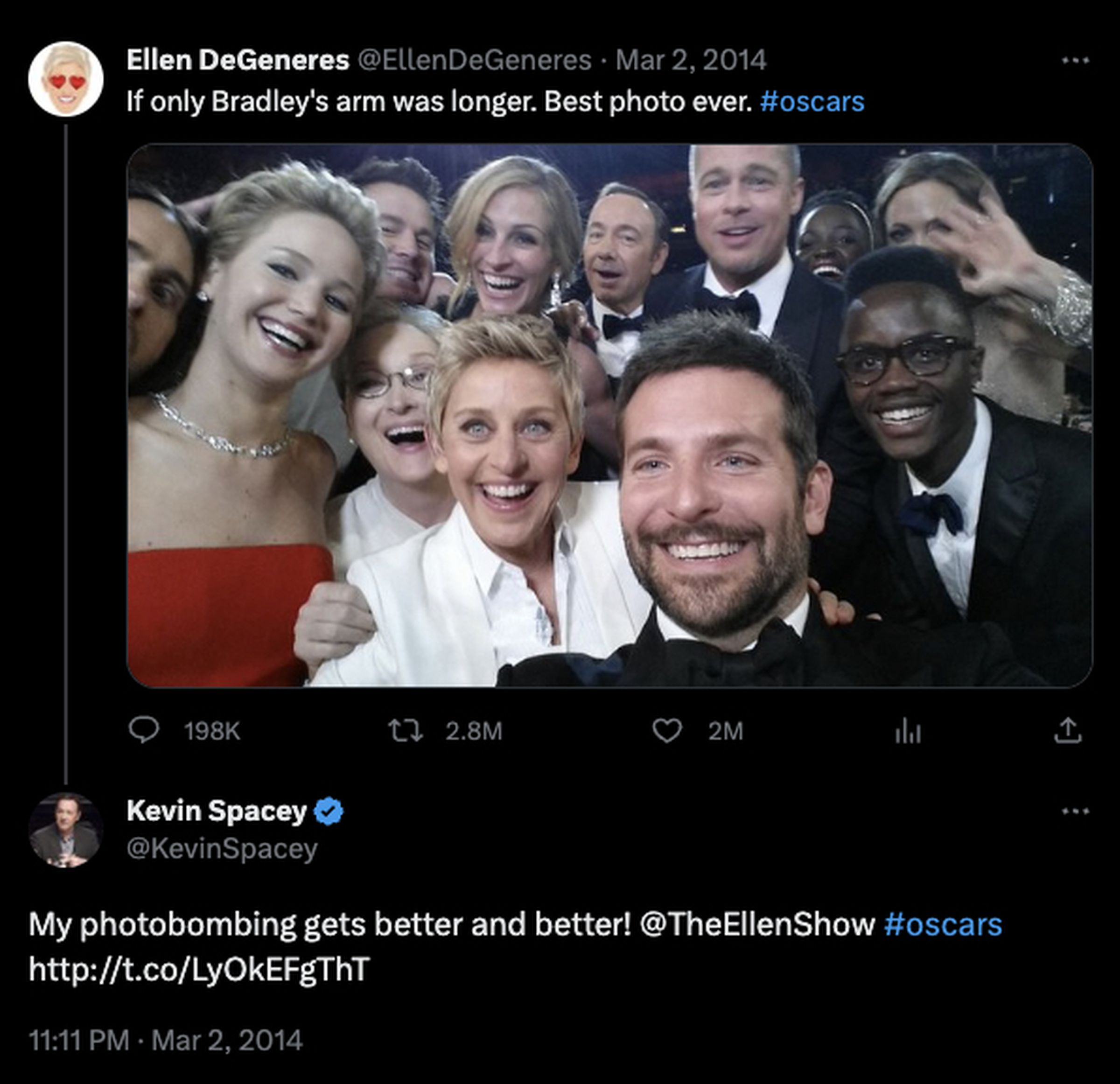 Screenshot of a famous tweet by Ellen DeGeneres taken during the 2014 Academy Awards ceremony in the crowd with various celebrities, along with a reply from Kevin Spacey, showing a broken link instead of an image.