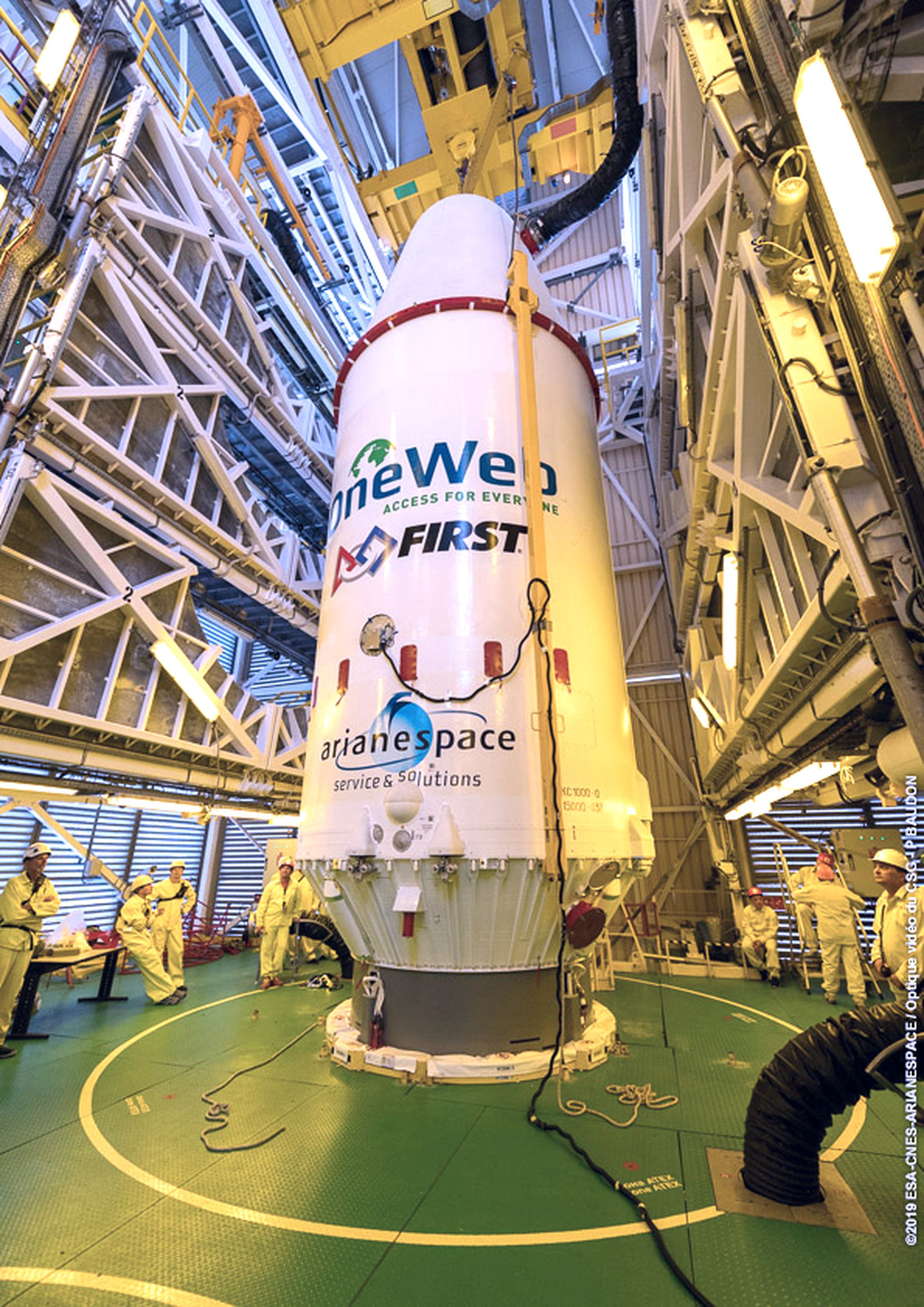 The payload fairing containing the OneWeb satellites, that will sit on top of the Soyuz rocket