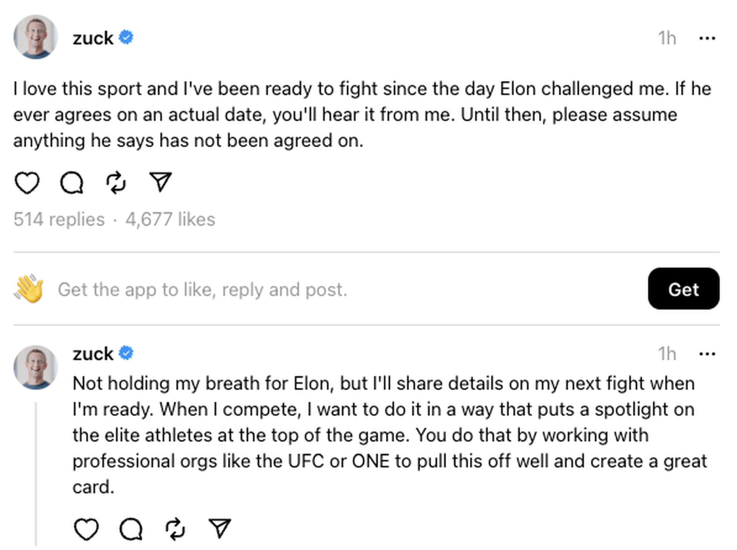 A screenshot of Meta CEO Mark Zuckerberg’s Threads posts about his fight with Elon Musk.
