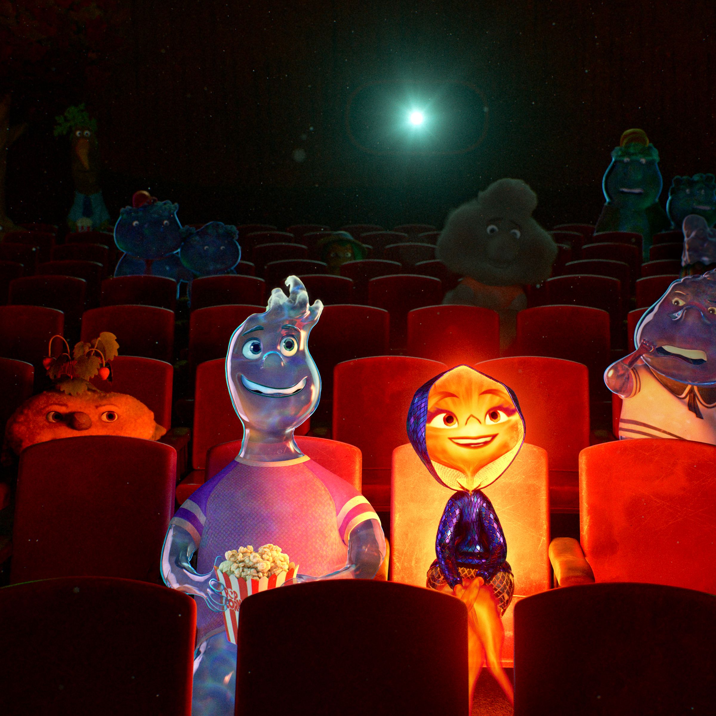 A humanoid man made entirely of water sitting next to a humanoid woman made of flames. The pair are seated next to one another in a dark movie theater illuminated only by the light shining from a projector in the distant background and from the light emanating from the woman’s body.