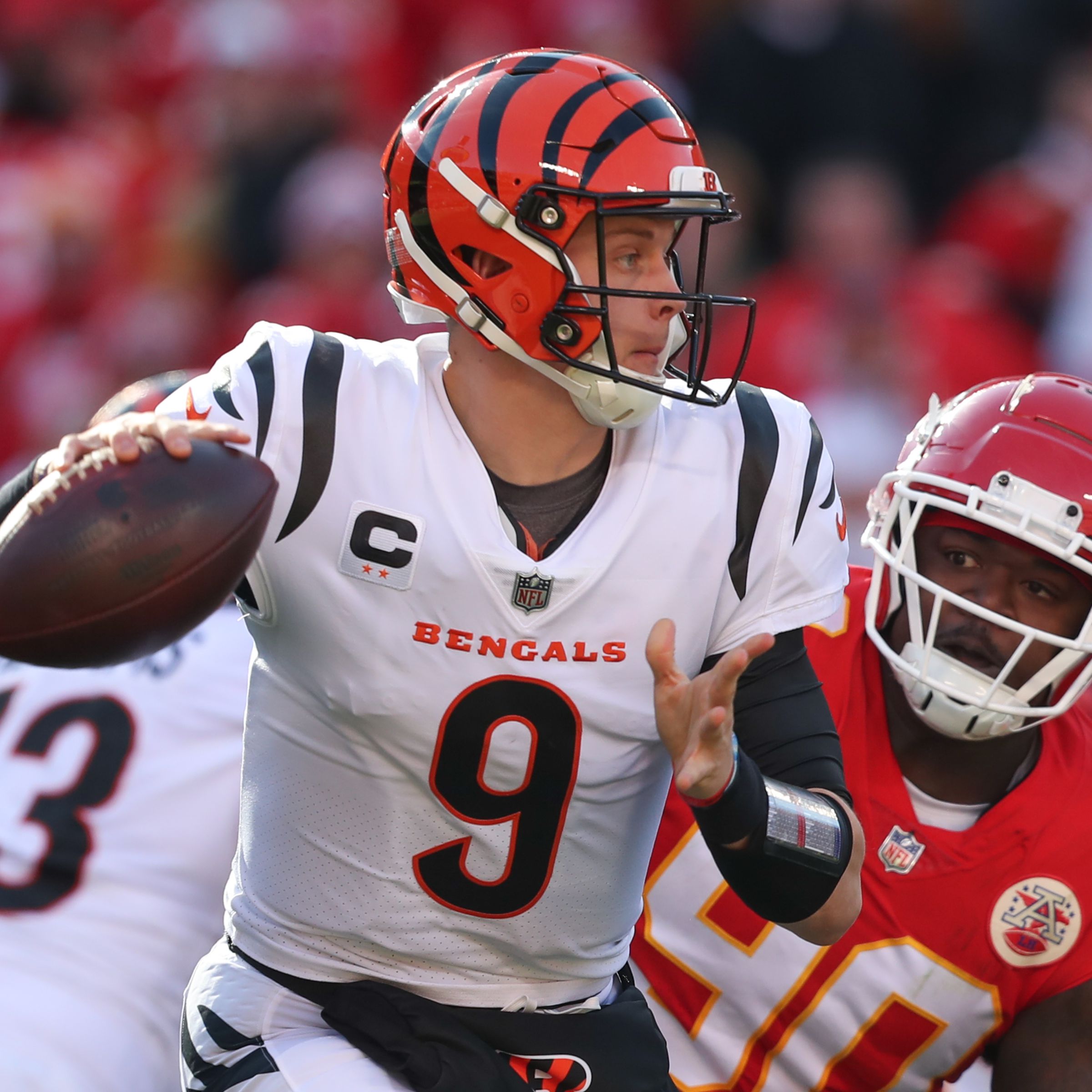 An image of Joe Burrow, #9, quarterback for the Cincinnati Bengals, during the AFC Championship game against the Kansas City Chiefs.