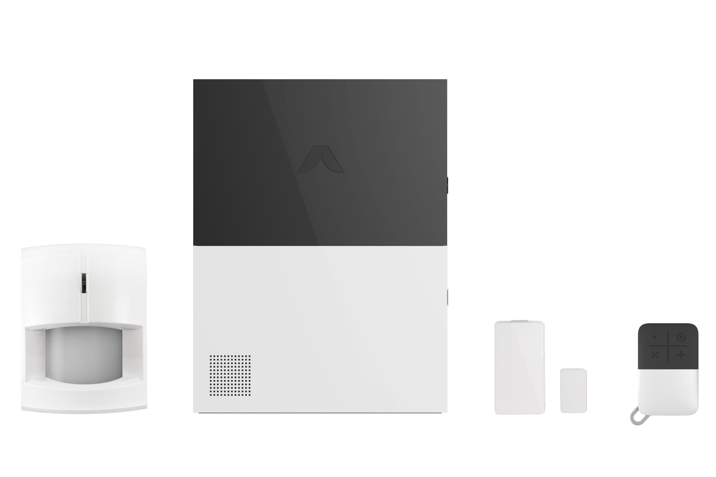 Abode motion sensor, gateway, door / window sensor, and key fob (pictured left to right).