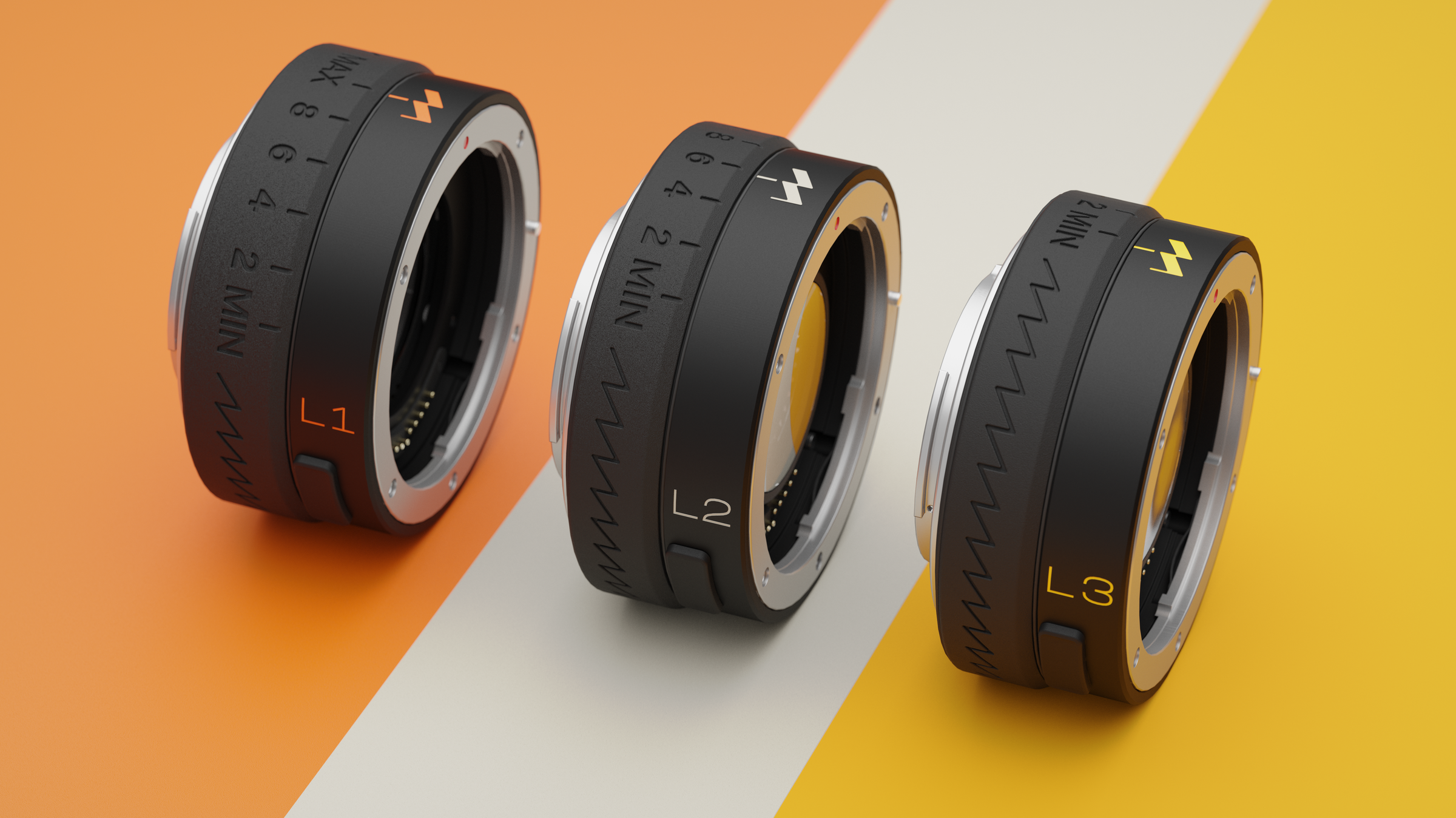 A lineup of Project 8’s Tuner lens adapters, the L1 (left), L2 (middle), and L3 (right).