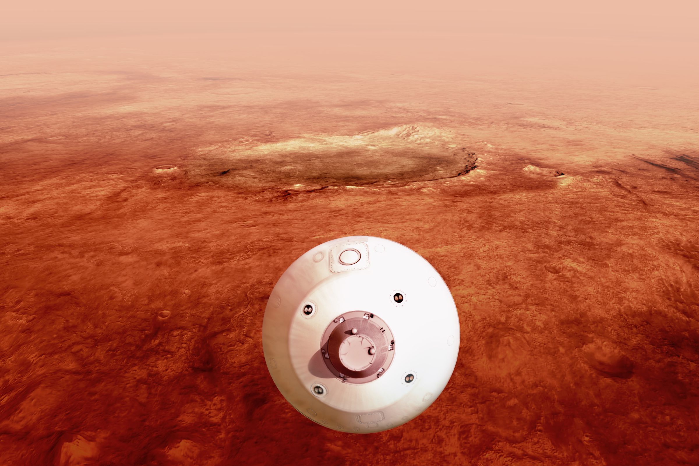 An illustration showing NASA’s Perseverance rover making its way toward the Martian surface.