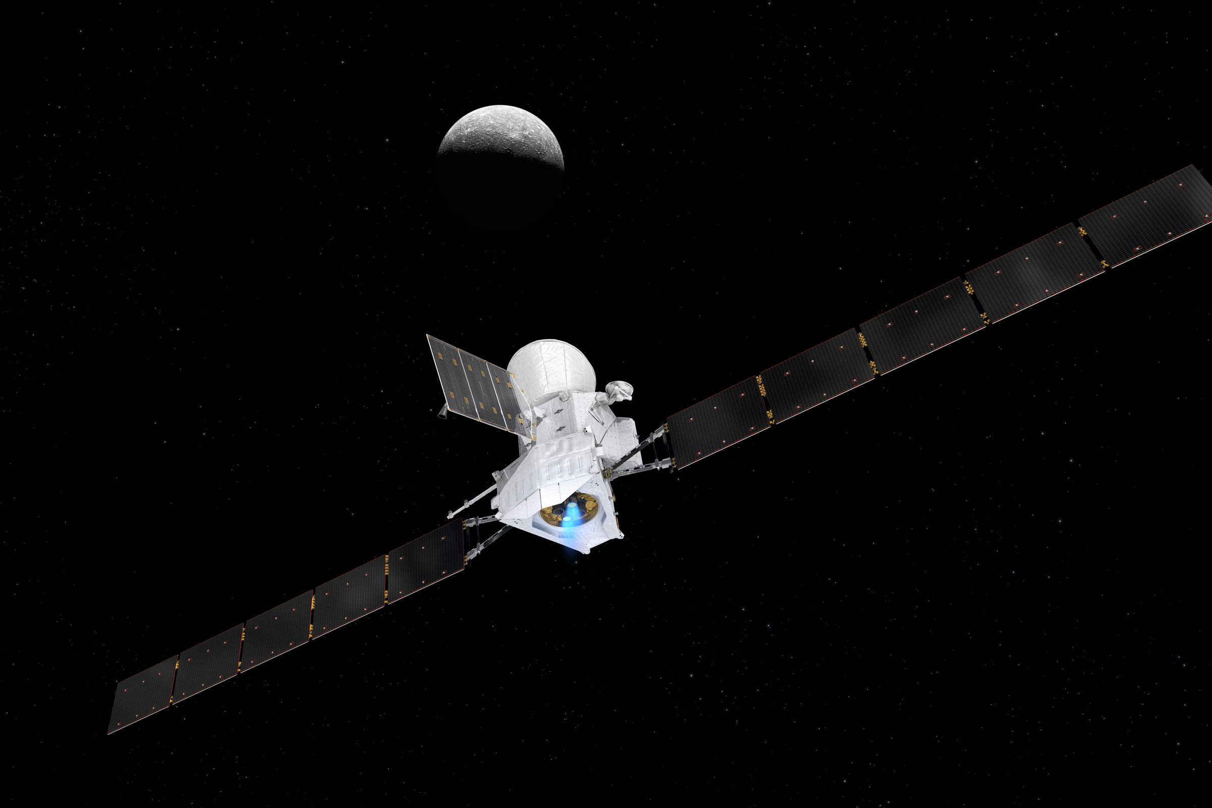 An artistic rendering of BepiColombo arriving at Mercury