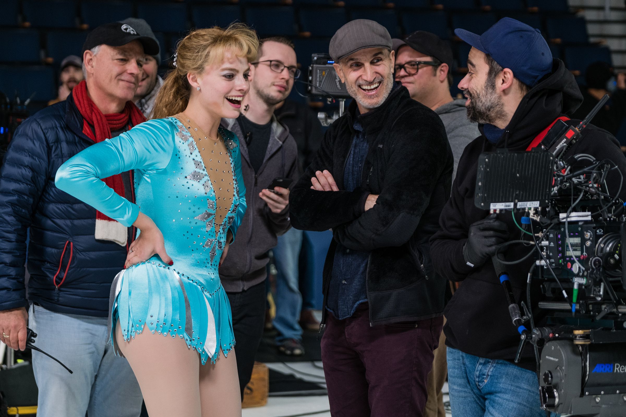Margot Robbie, left, and Craig Gillespie, right, on the set of I, Tonya.