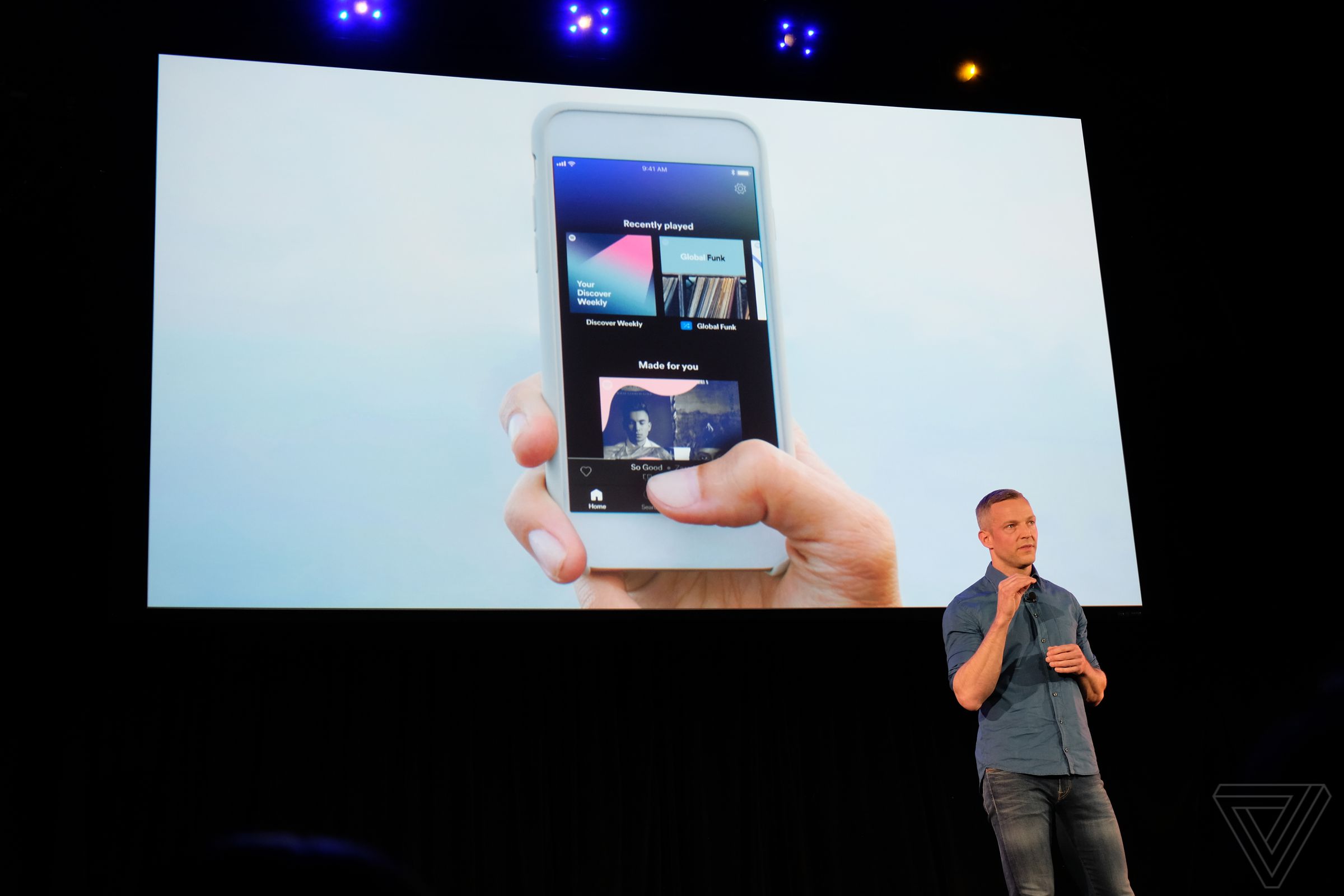 Spotify R&D chief Gustav Söderström shows off the redesigned experience for free users. 