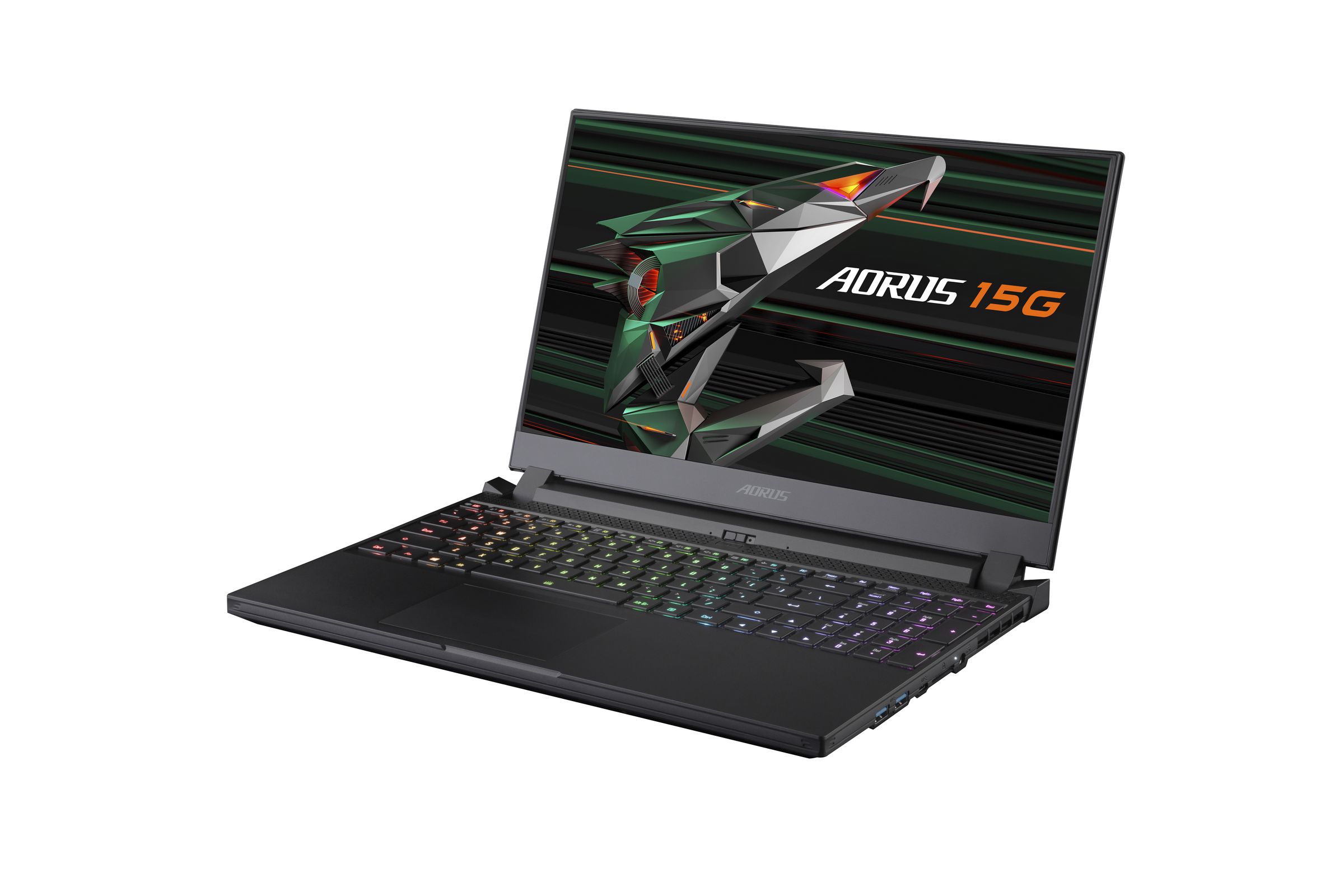 The Aorus 15G open on a white background angled to the left. The Aorus 15G logo is displayed on the screen and the RGB keyboard is illuminated.