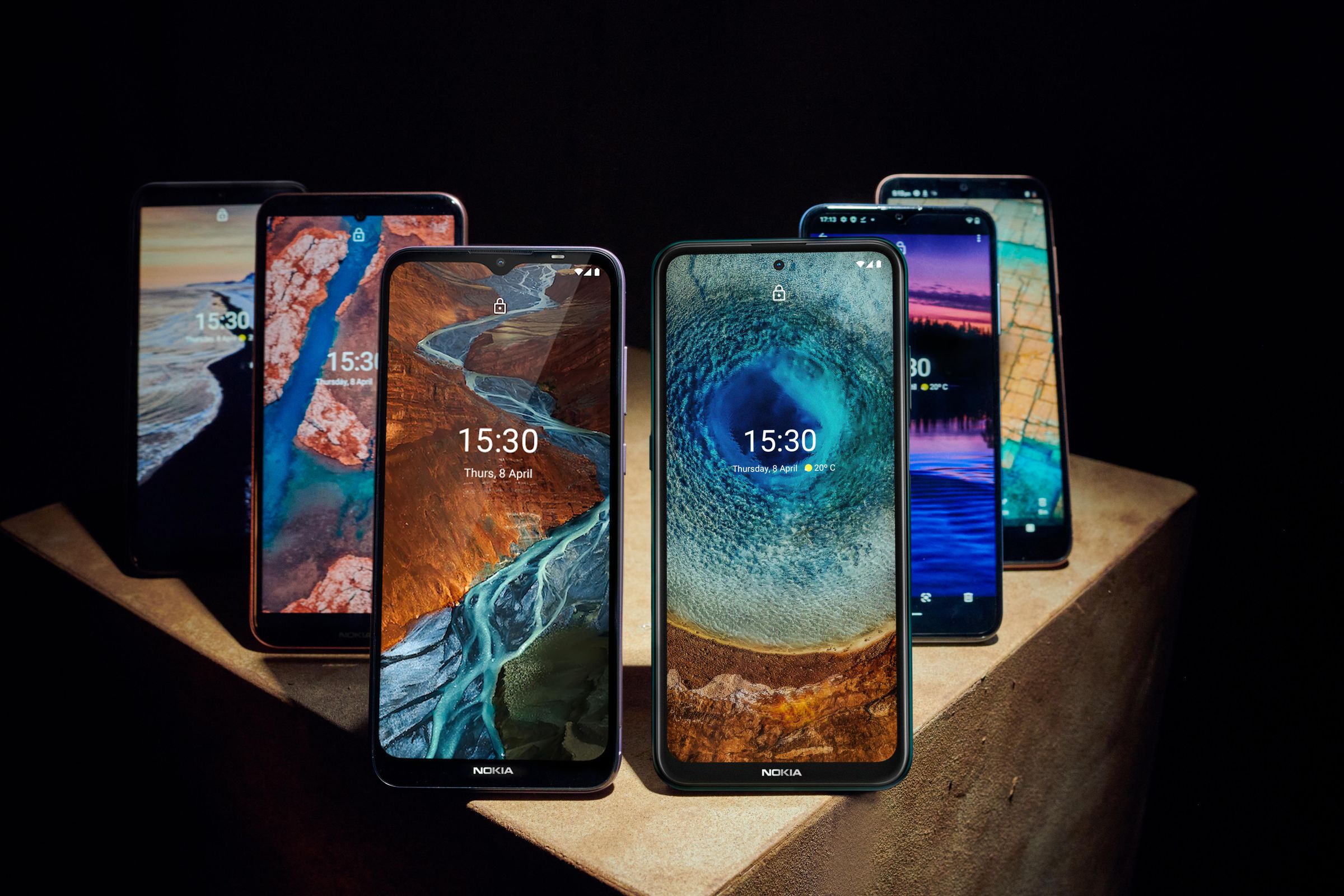From left to right, HMD’s Nokia G10, X20, C10, X10, G20, and C20.