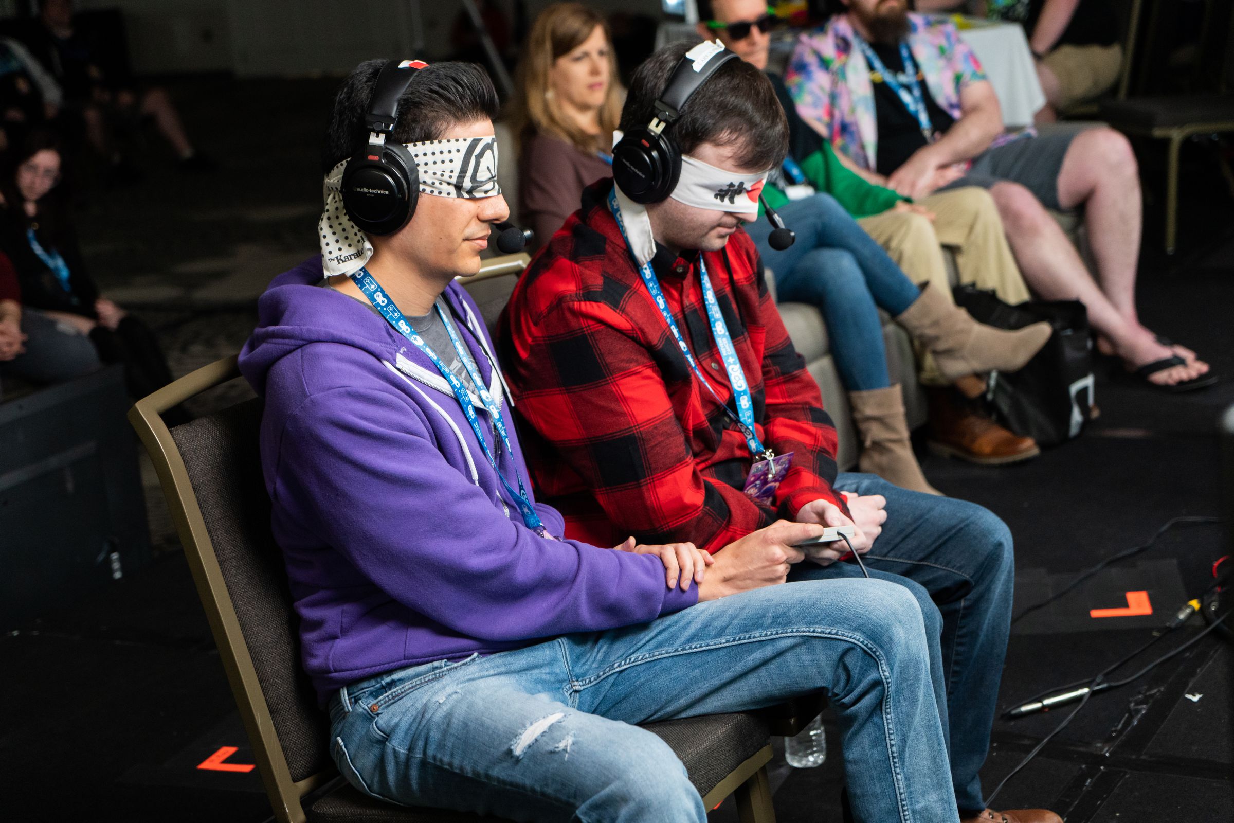 Two blindfolded players tackle a game together at AGDQ 2020.