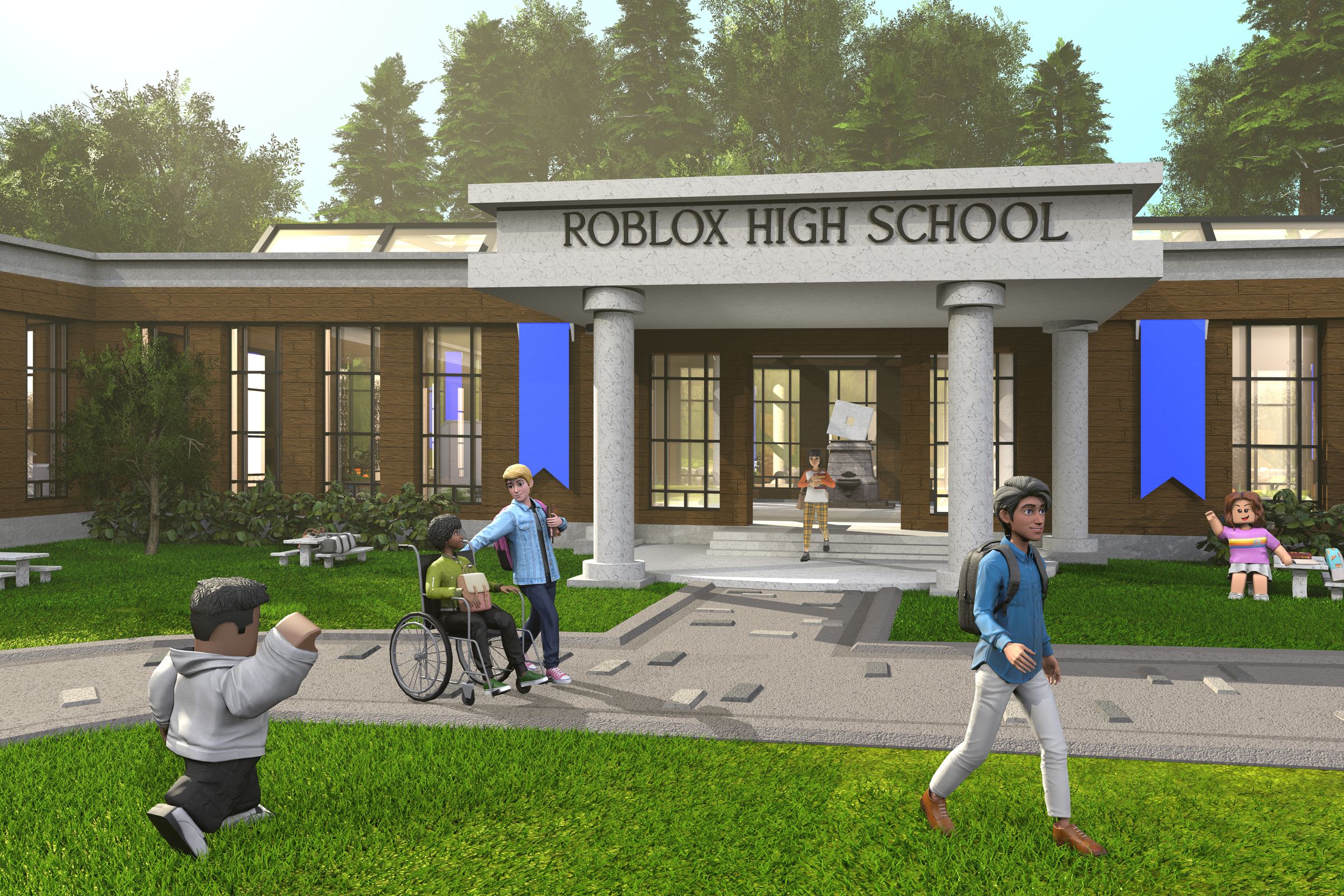 An in-game building reading Roblox High School, with students outside on the grass