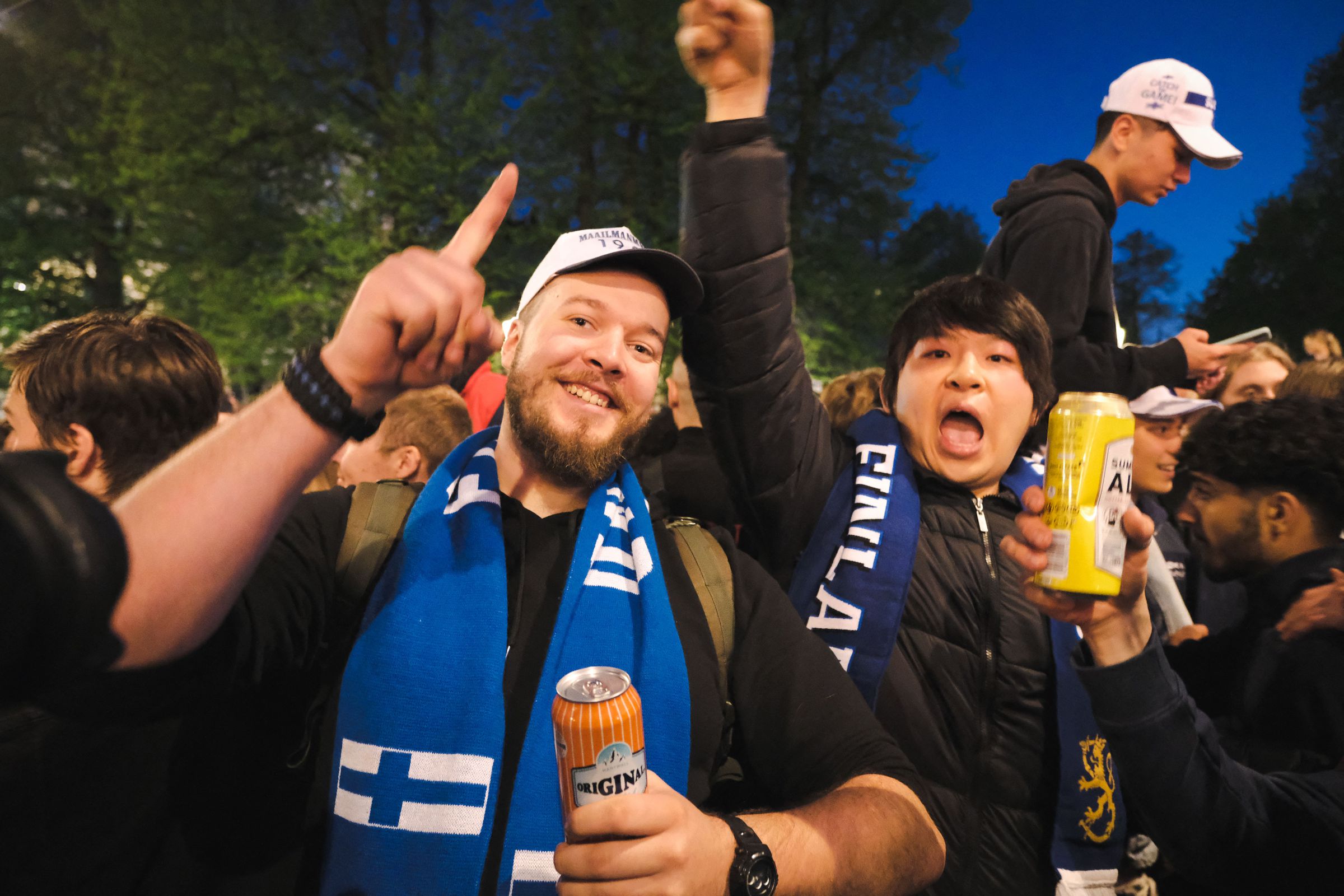 Ice hockey fans and revelers crowd the Kauppatori square in Helsinki on May 29th, 2022, to celebrate Finland winning the 2022 Ice Hockey World Championship, beating Canada 4–3 in the final.