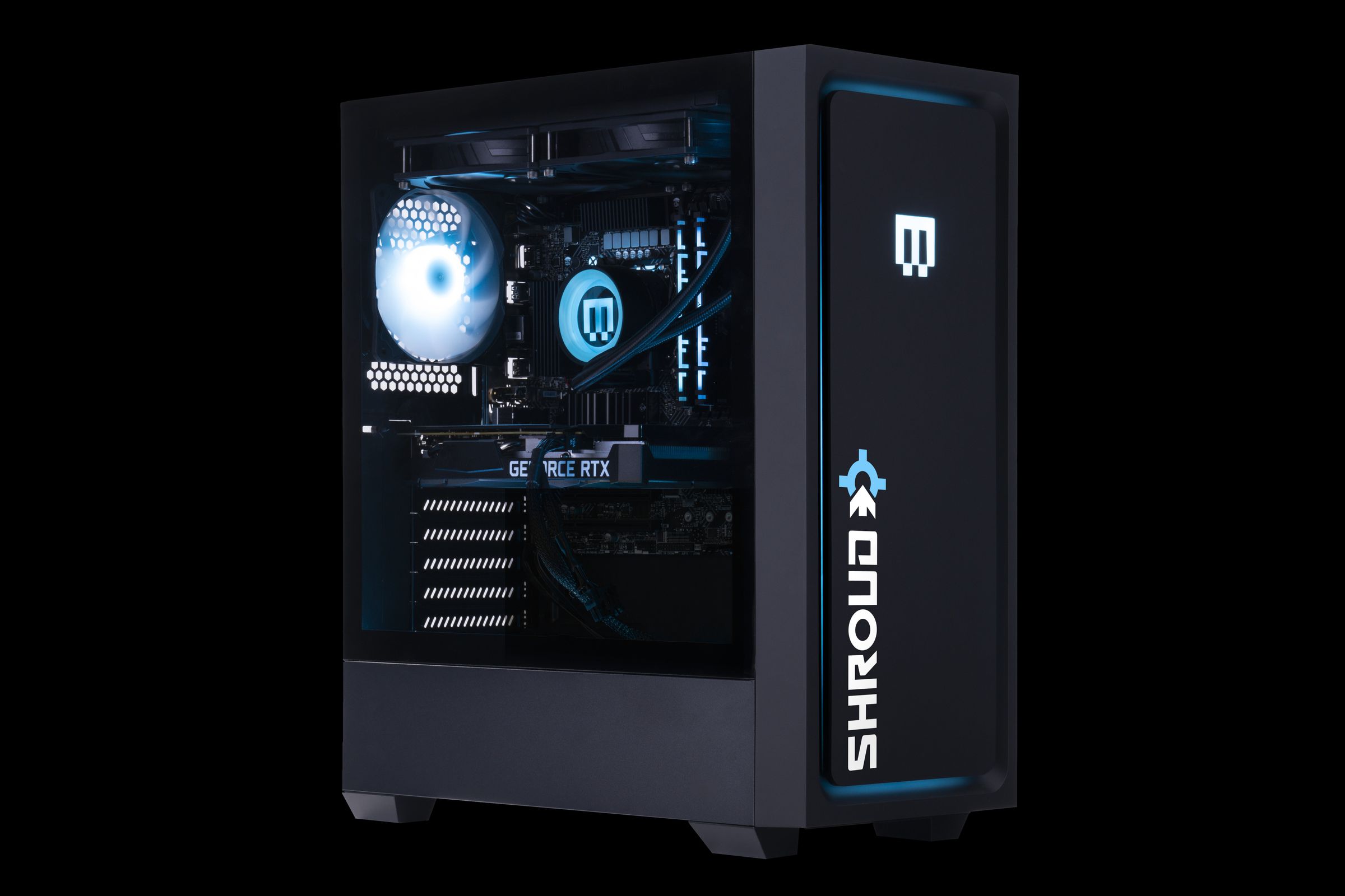 A blue-lit gaming PC with many fans on a black background with a big white Shroud logo on the front.